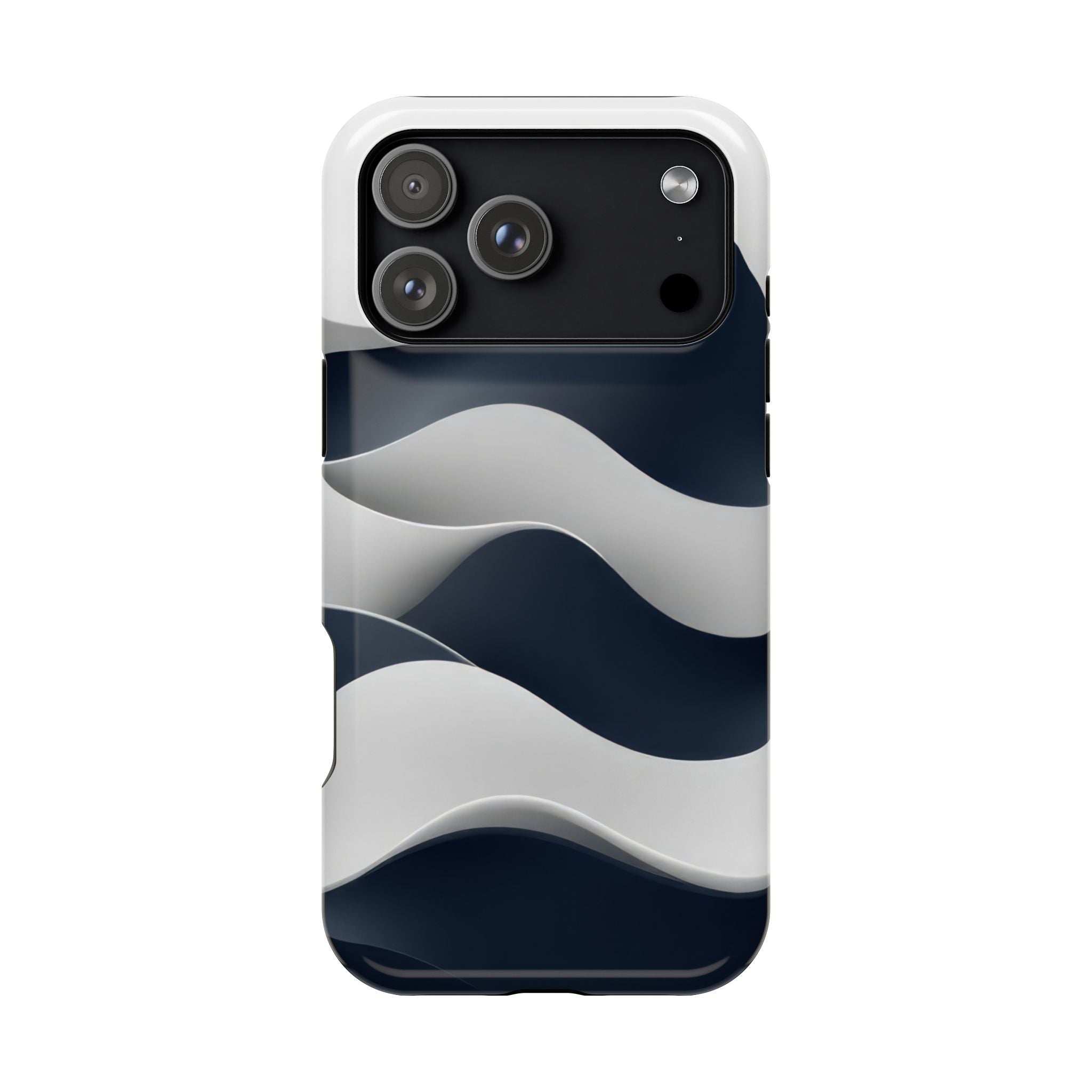 Phone case with dark blue and gray wavy pattern on light background; camera cutouts.