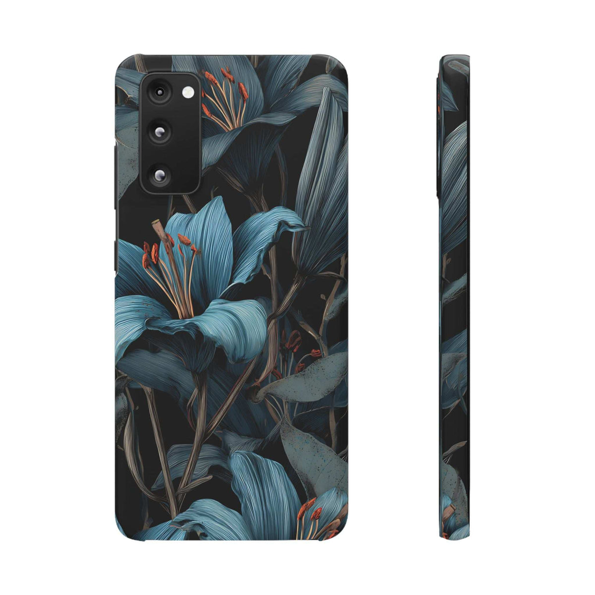 Floral phone case with teal foliage design and side access cutout along the edge
