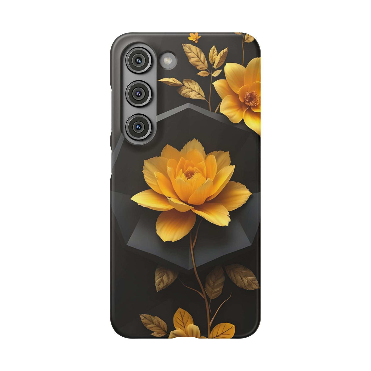 Black phone case showing a yellow blossom and gold foliage, lens openings visible