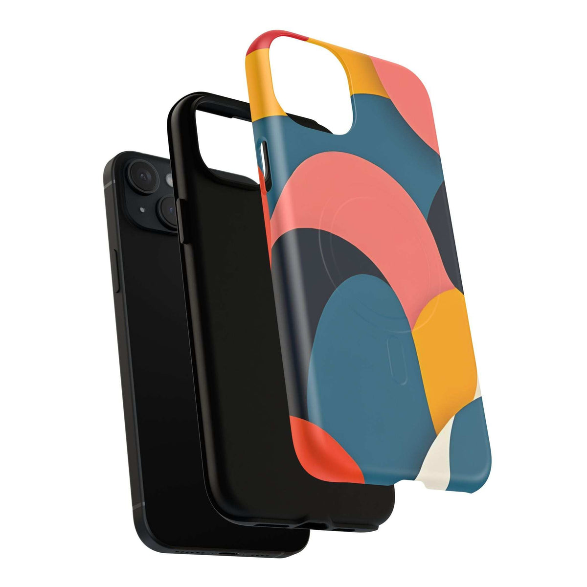 Abstract multicolor phone case with camera and speaker cutouts; teal, coral, yellow arcs.