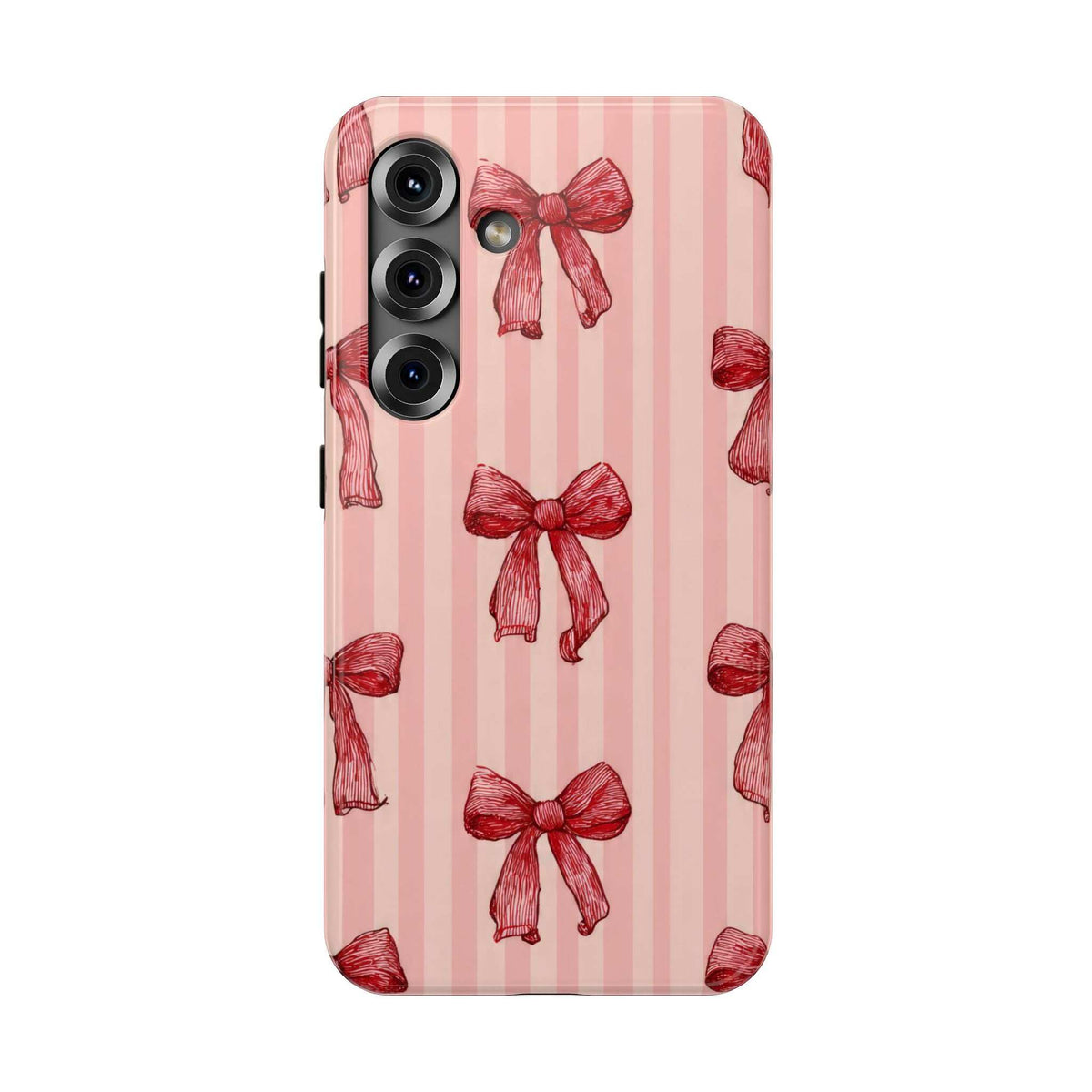 Pink phone case with red vertical stripes and bow pattern, side angle showing camera module.
