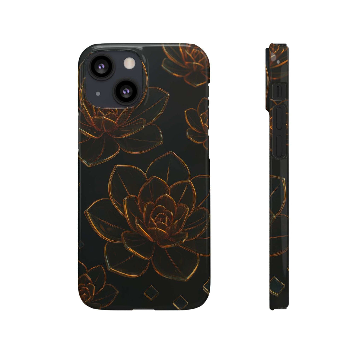 Glossy glass flower phone case with orange blossom line art on black; front and side