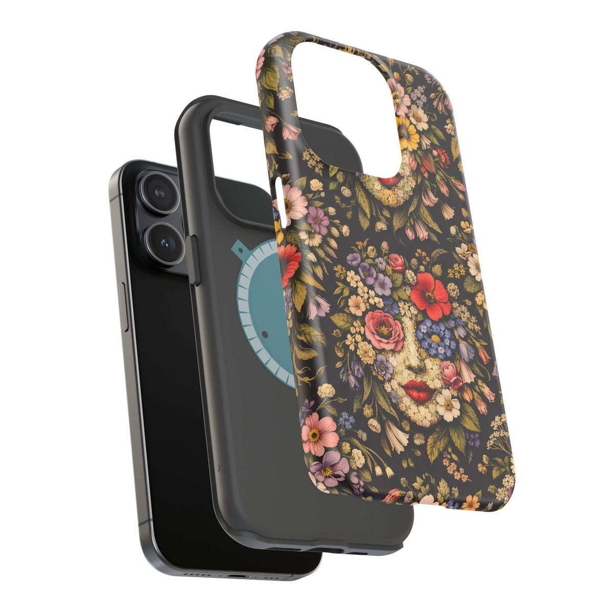 iPhone case with vintage floral face design on dark background; side profile with cutouts