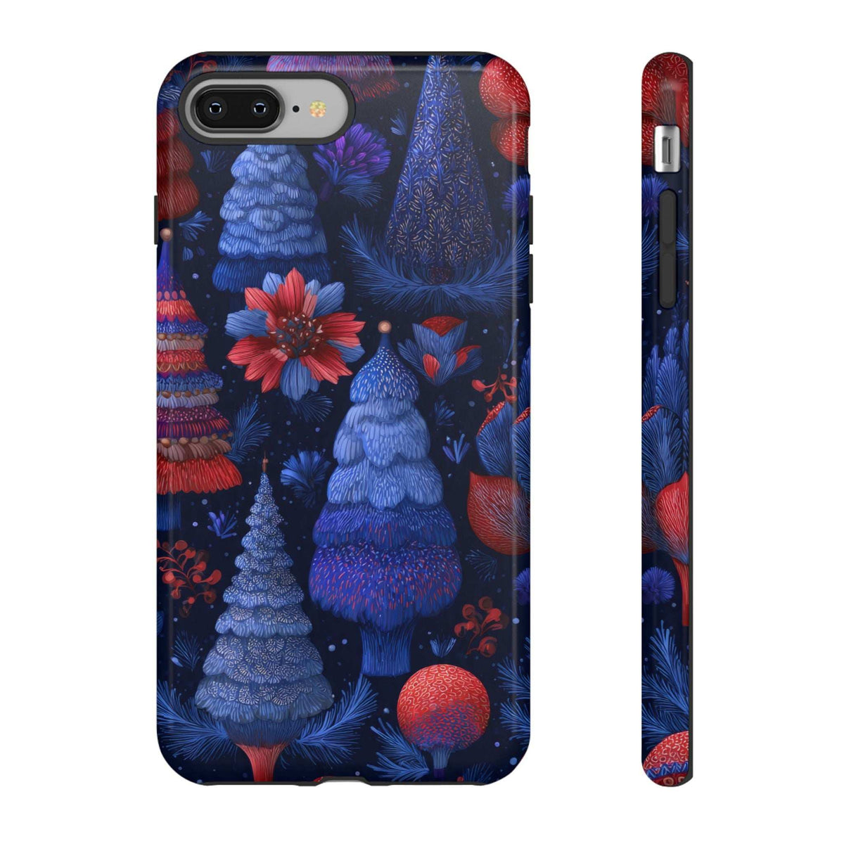 Glossy midnight blue phone case with Christmas forest trees; visible camera cutouts and side profile.
