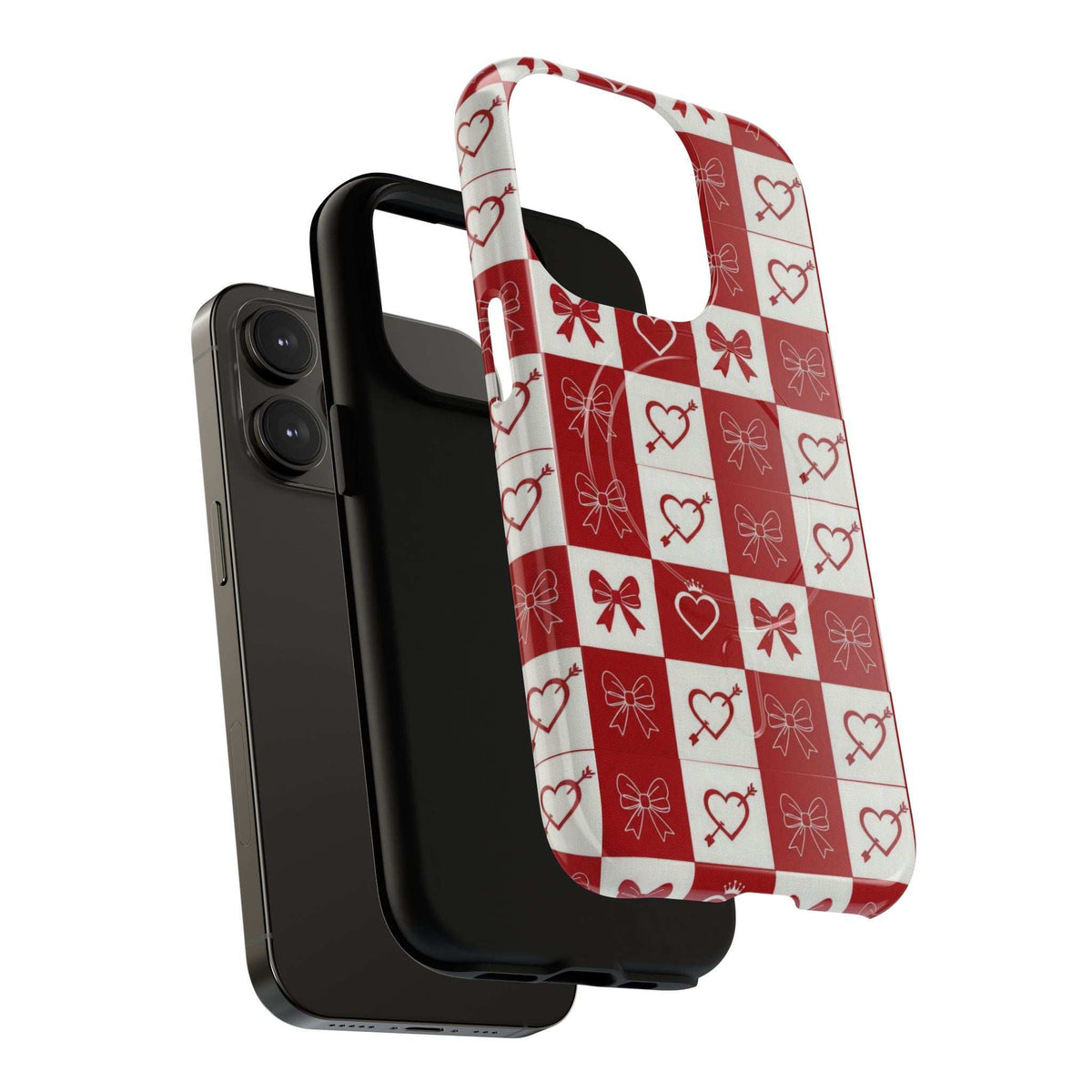 Red and white checkered phone case featuring hearts and bows, protective back coverage