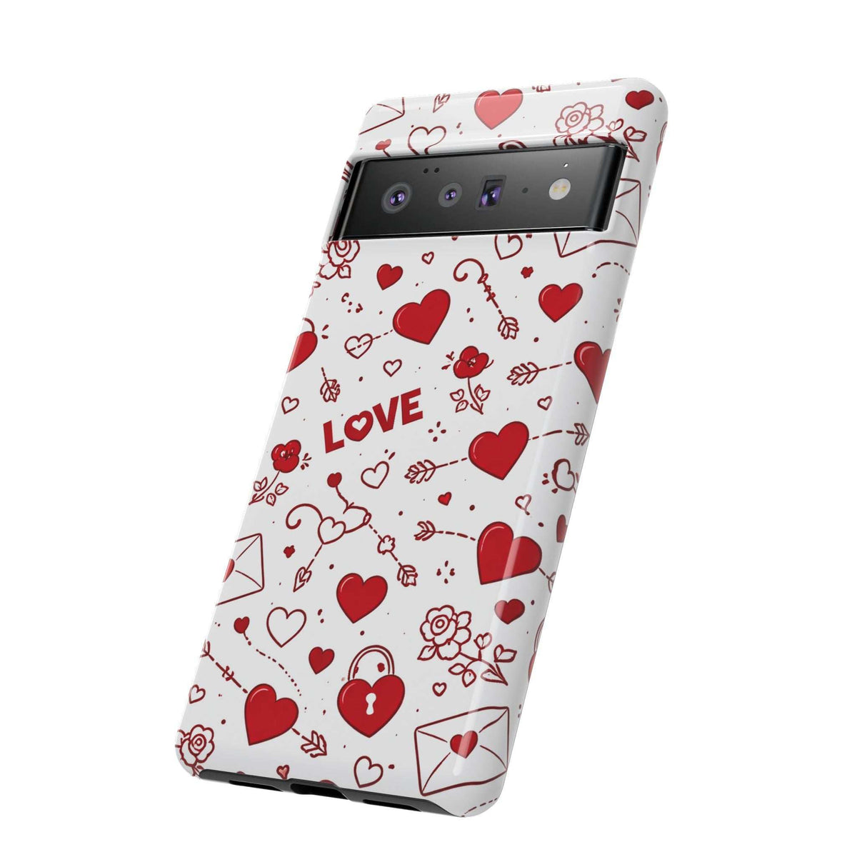 Glossy white phone case with red heart doodles and “LOVE” centered on back