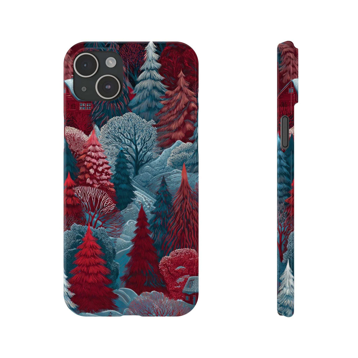 Phone case front view with winter trees artwork in red and teal; camera opening
