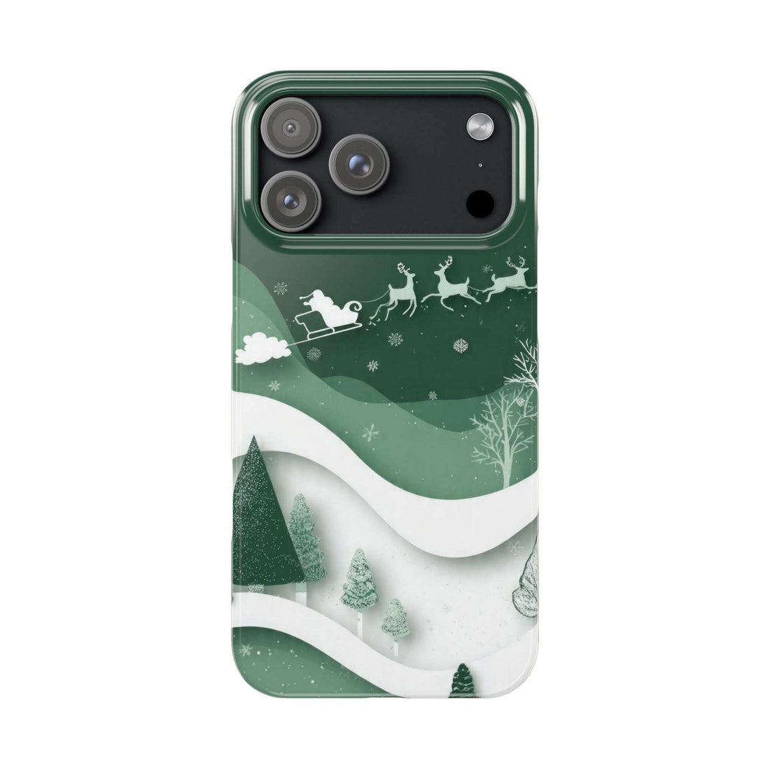 Green phone case with snowy landscape waves, reindeer and sleigh, camera cutouts