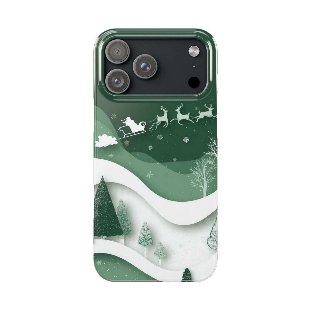 Green phone case with snowy landscape waves, reindeer and sleigh, camera cutouts