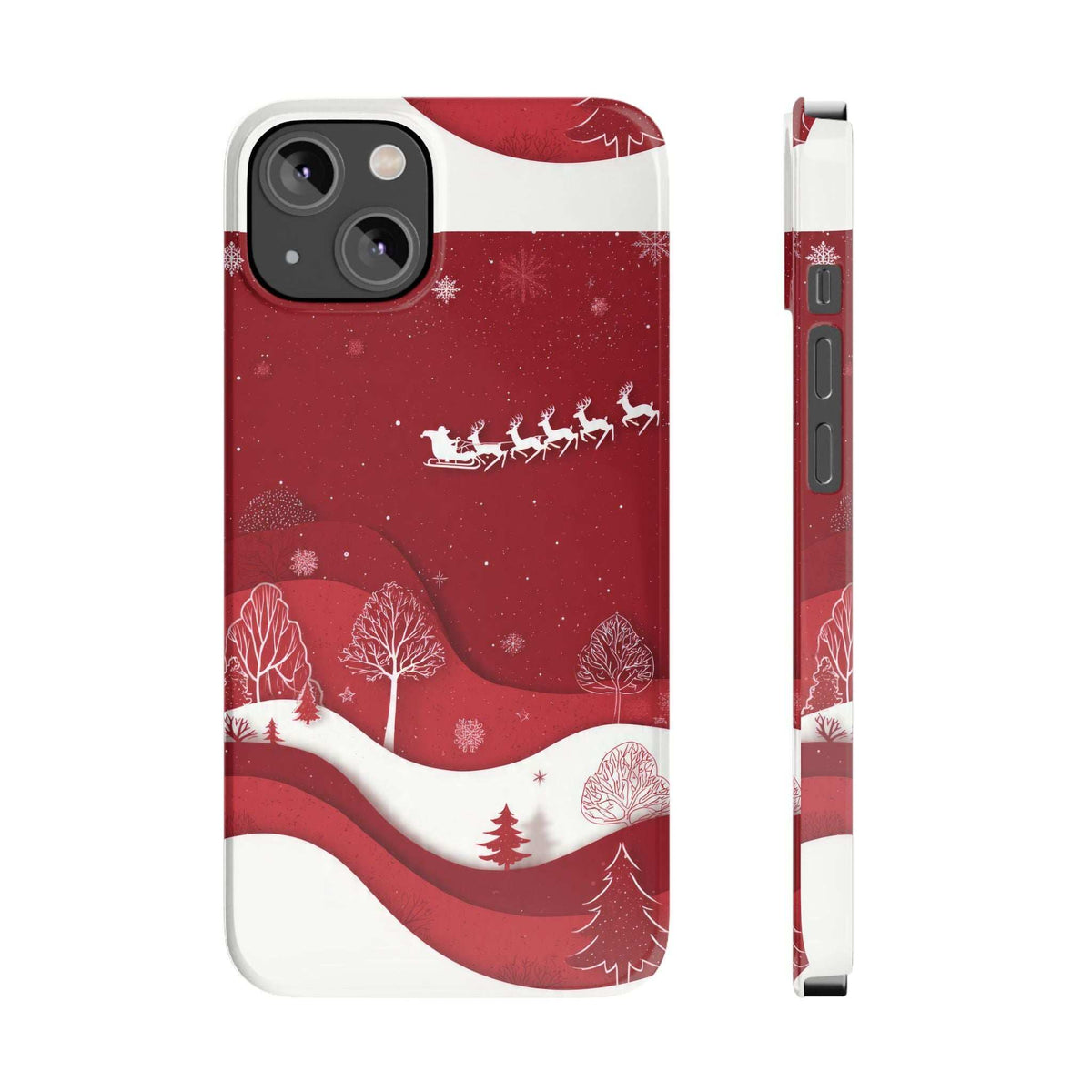 Red festive phone case with sleigh scene and snowdrift waves; side profile with ports.