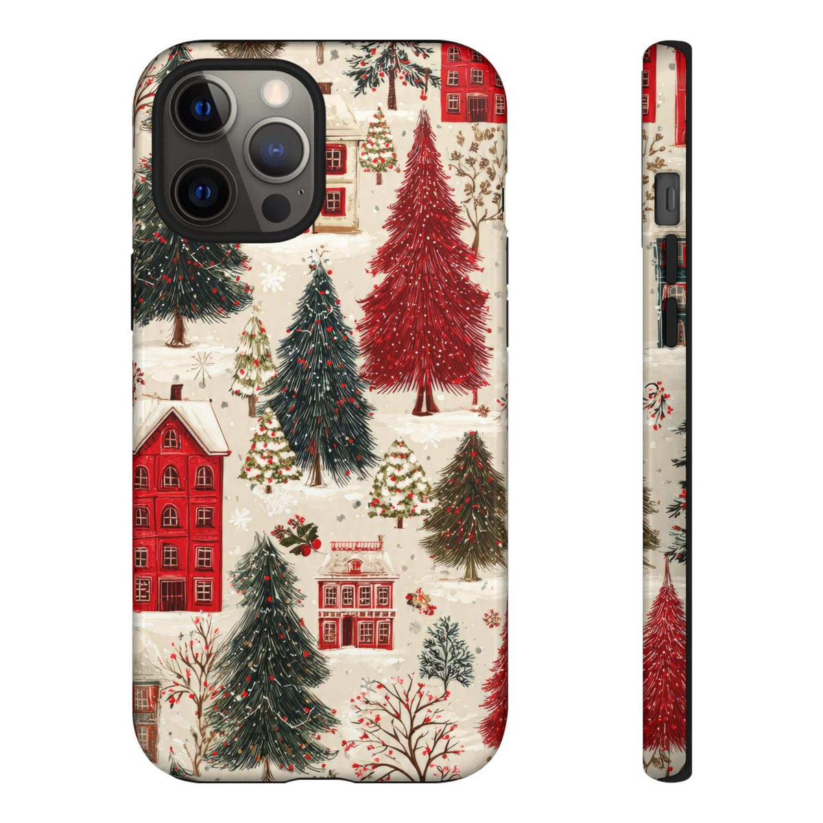 Winter village phone case showing red houses and pine trees, black camera cutout, angled view