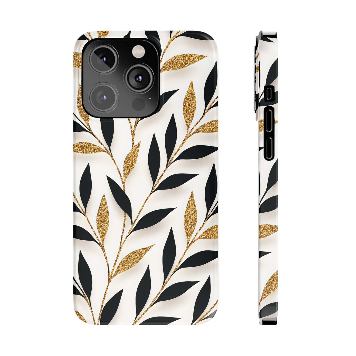 White botanical phone case with black leaves and gold glitter speckles; camera module cutout shown.