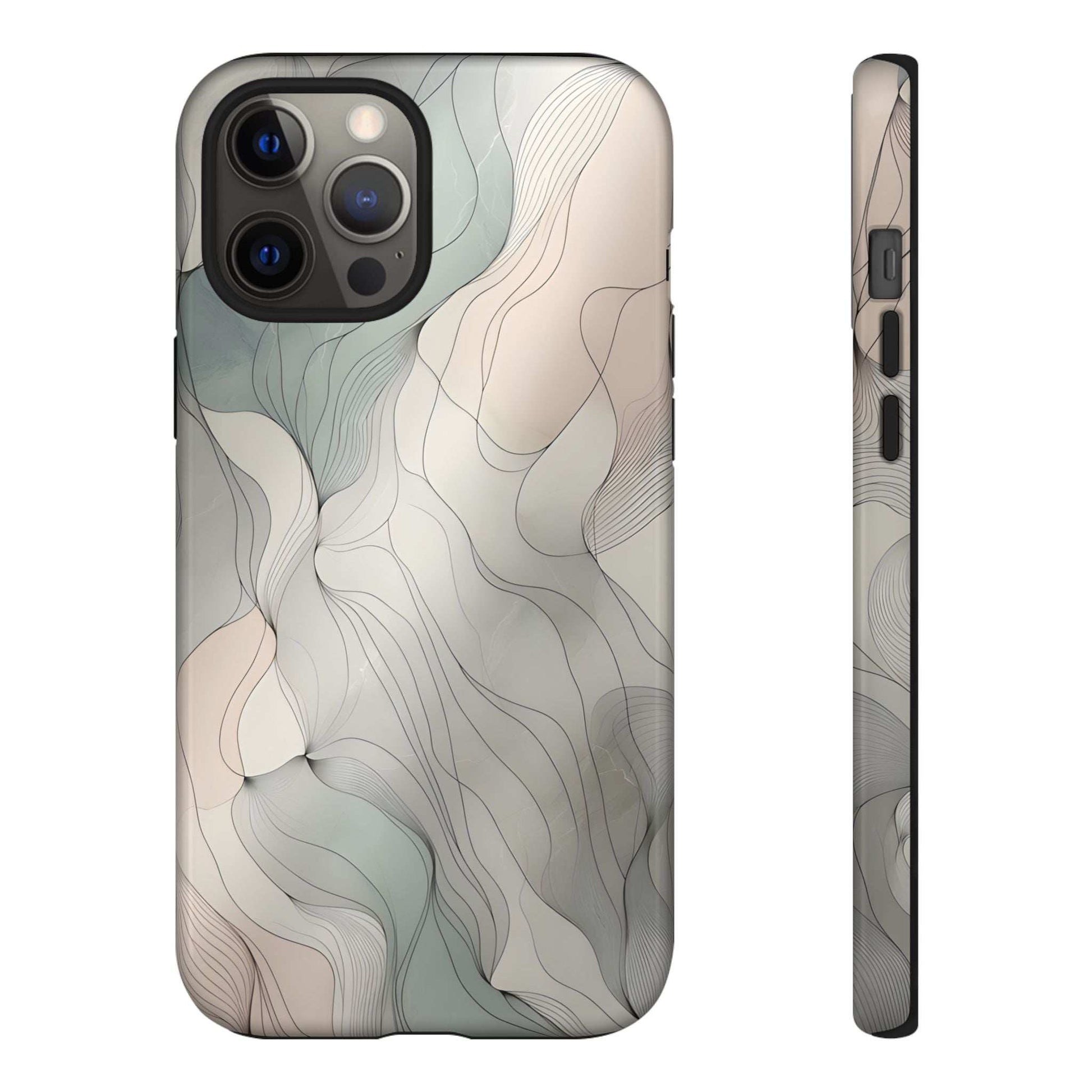 Phone case with pastel wave design, light beige and teal swirls, camera lens cutouts visible.