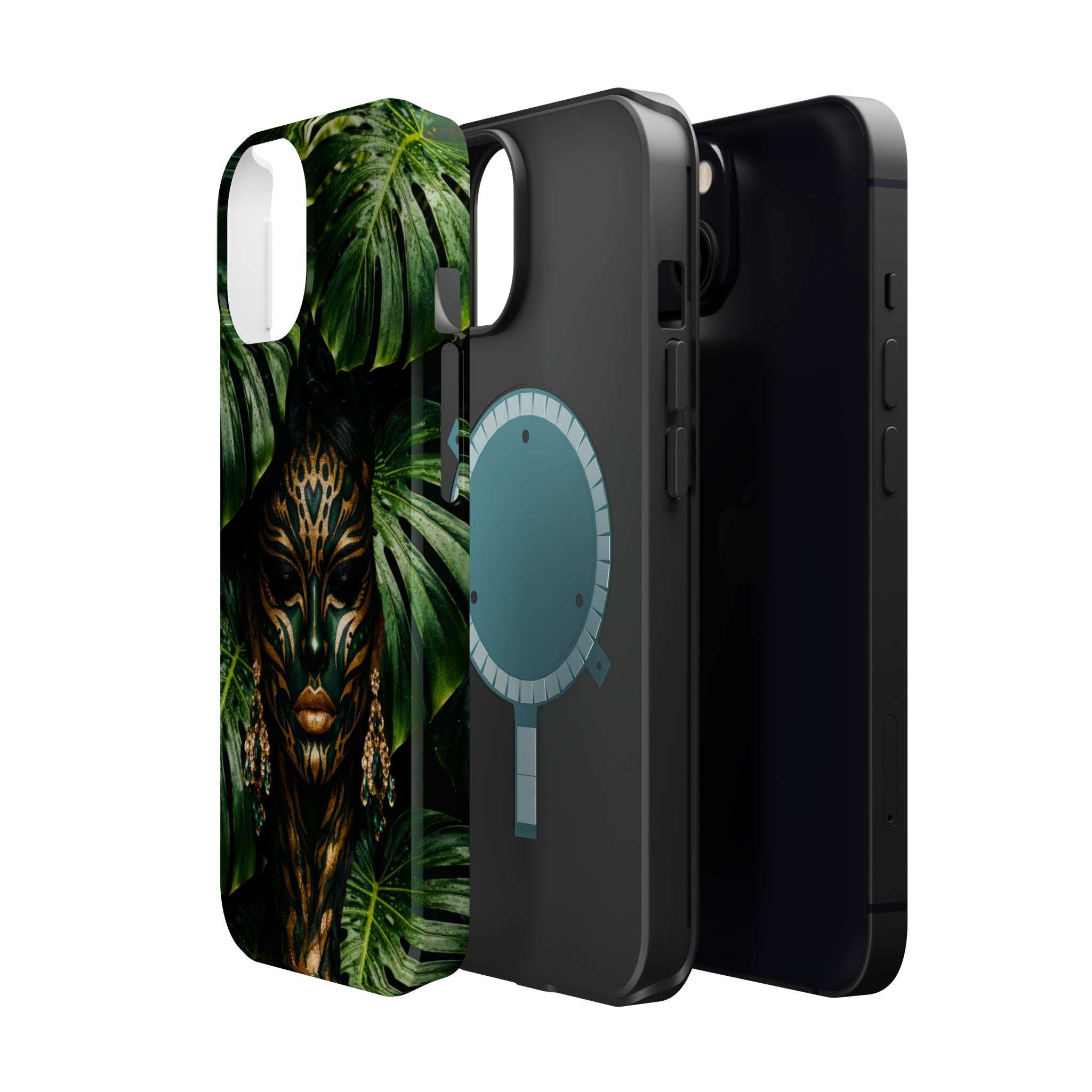Phone case with jungle lion artwork, green leaves, and light-blue hand icon; raised edges
