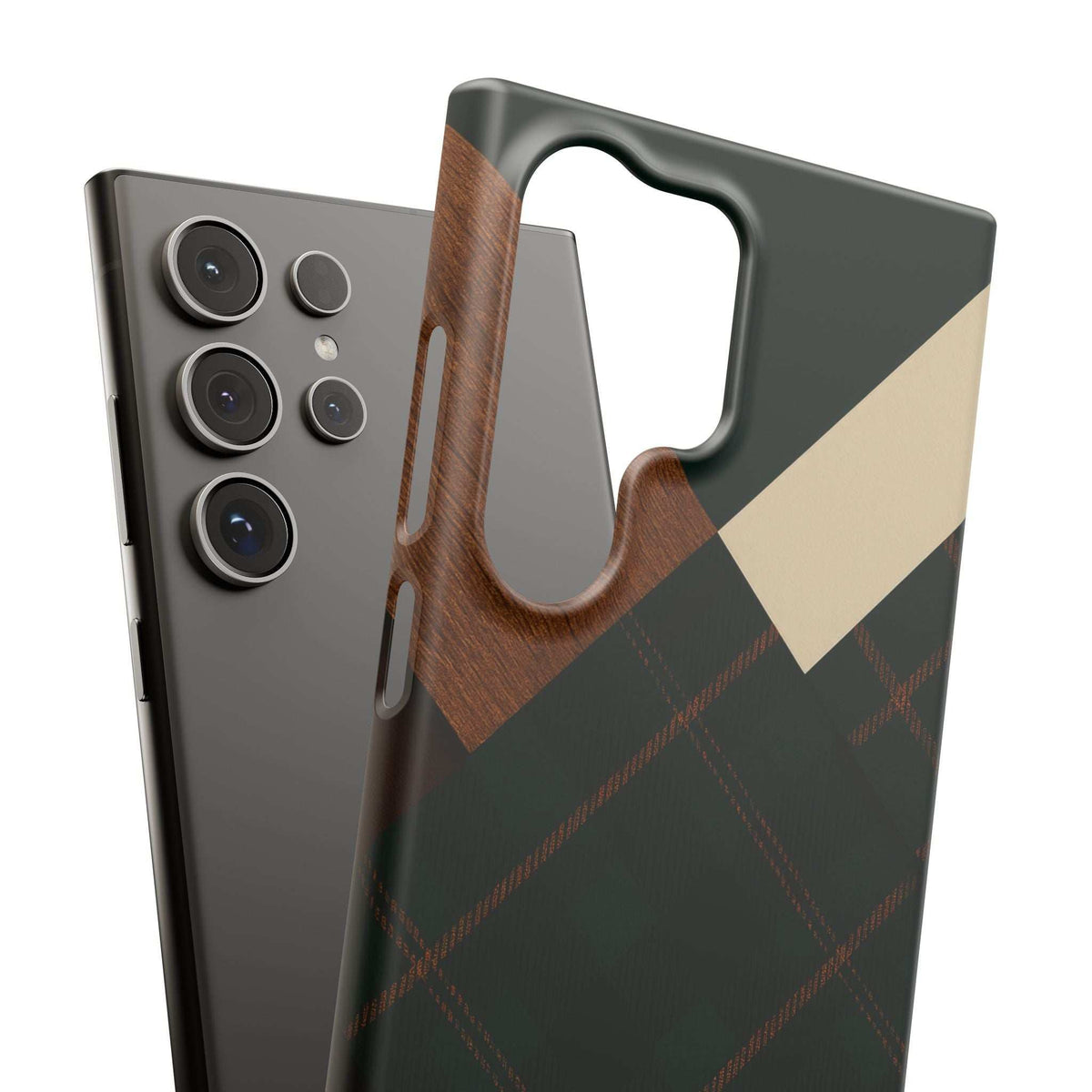 Phone case with wood-look grip, dark green plaid pattern and beige chevron