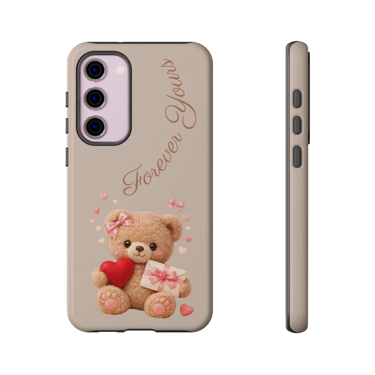 Beige phone case with teddy bear and red heart; back view with side cutouts