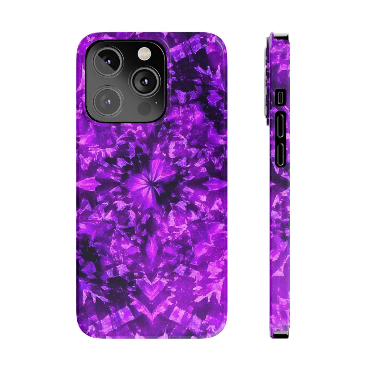 Purple kaleidoscope phone case with starburst motif; side buttons and cutouts shown