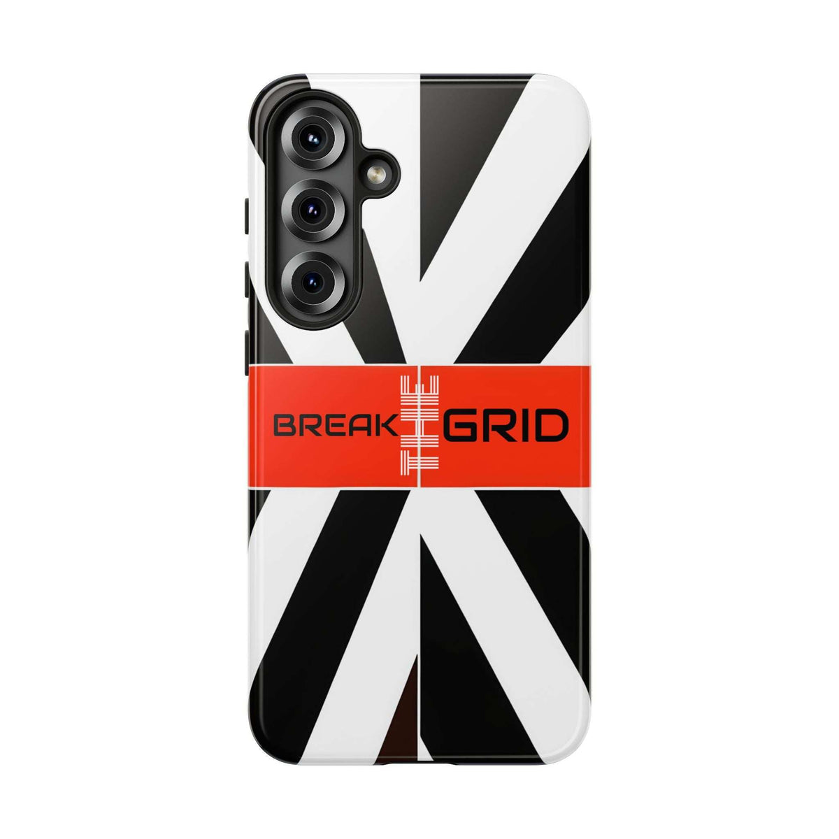 Phone case with black-and-white diagonal stripes, red Break Grid band, triple camera cutout