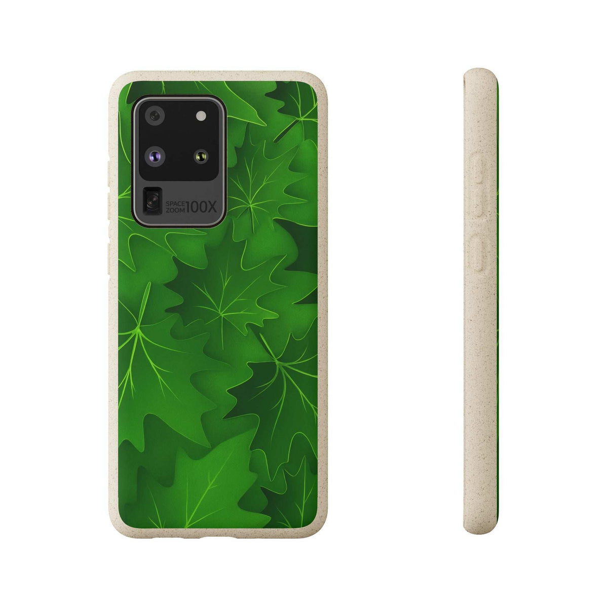Green botanical leaf phone case with triple camera cutouts and side rail