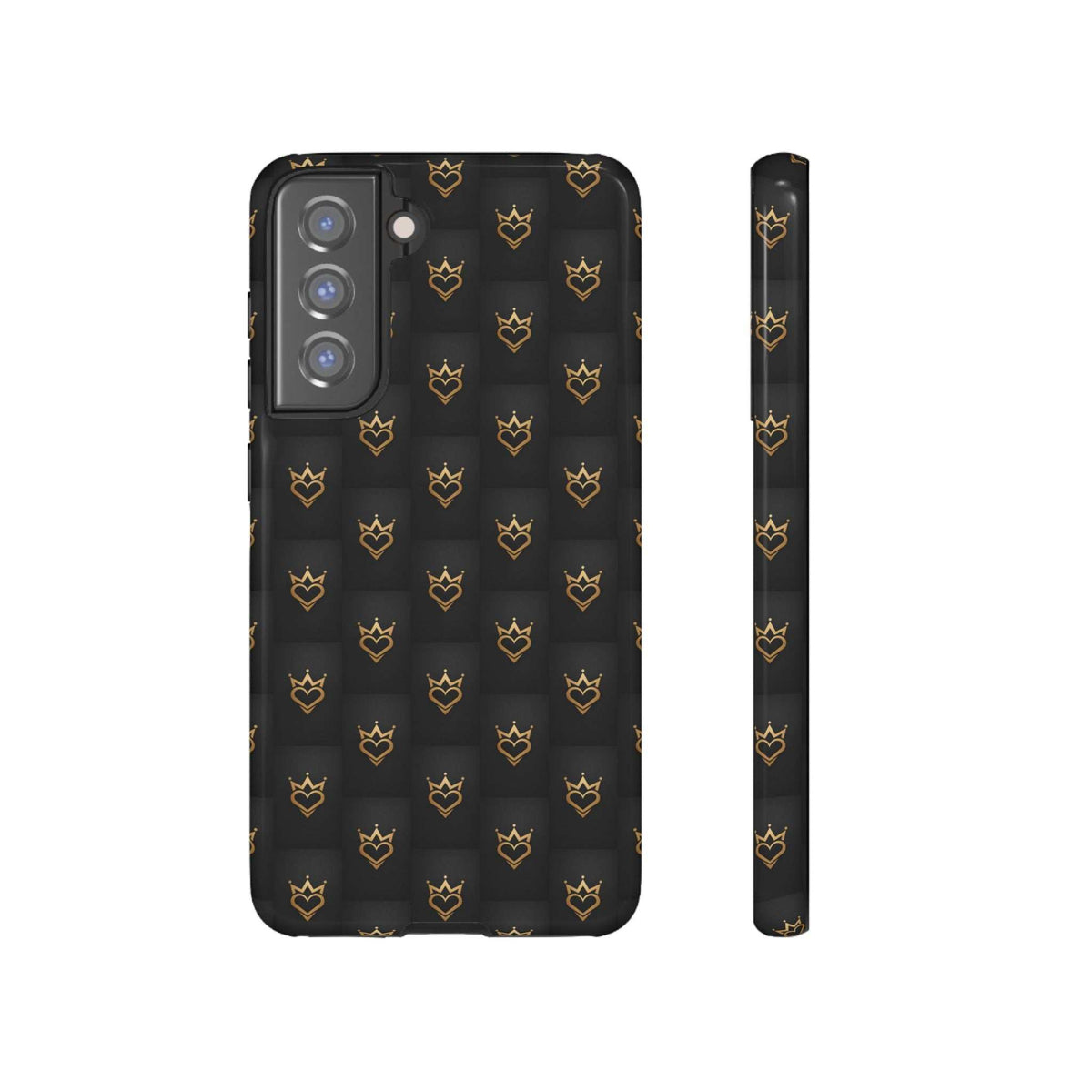 Glossy dark phone case with repeating gold crown heart doodle pattern, cutouts for cameras