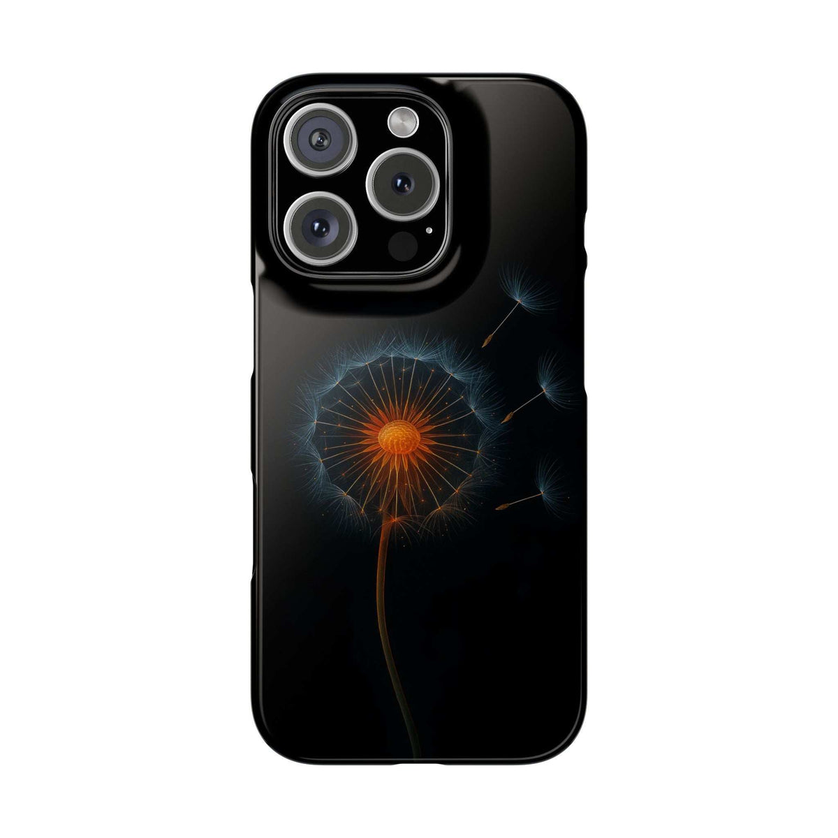 Black iPhone phone case with glowing orange dandelion and blue light details
