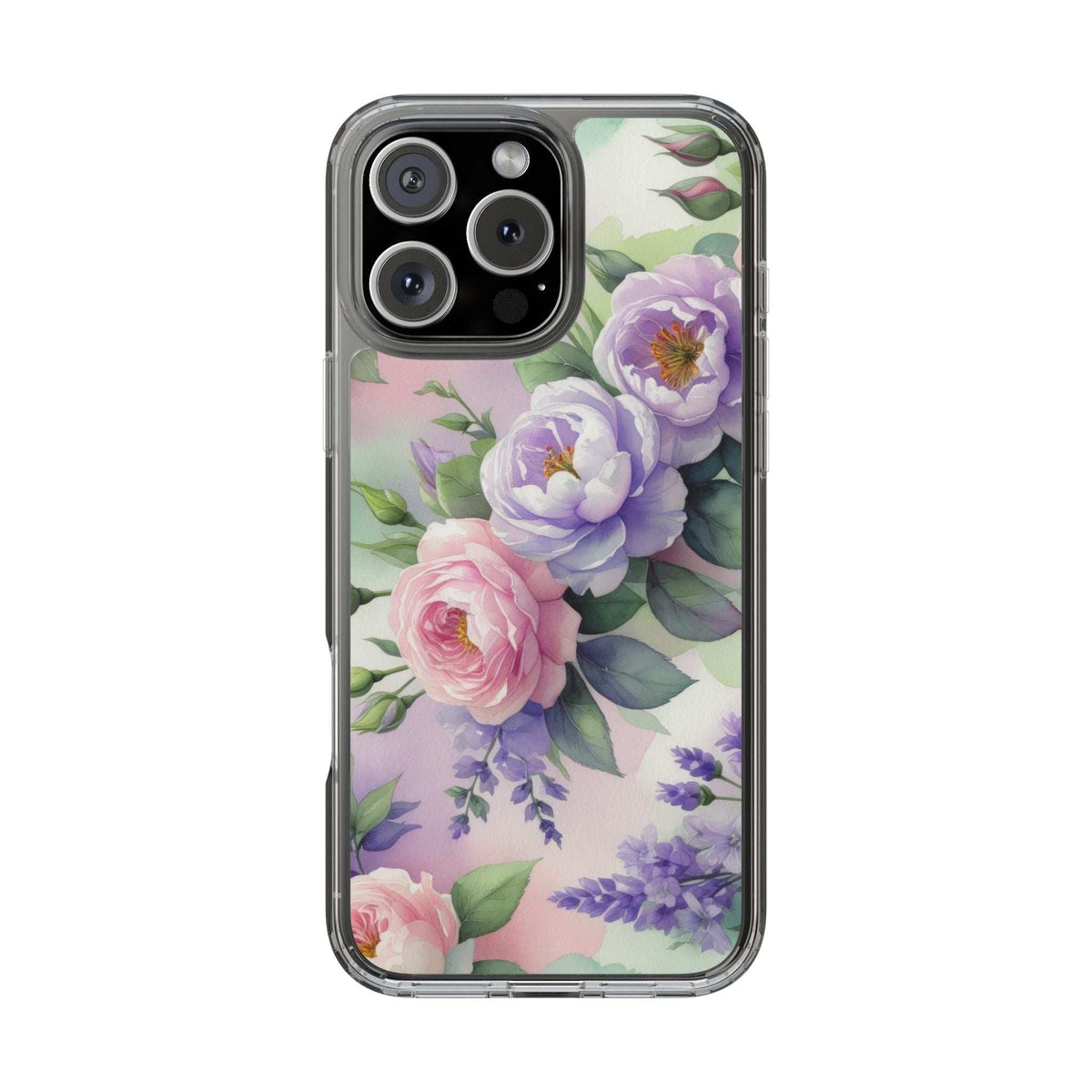 Clear floral phone case with pastel roses, lavender flowers, and dark camera module cutout