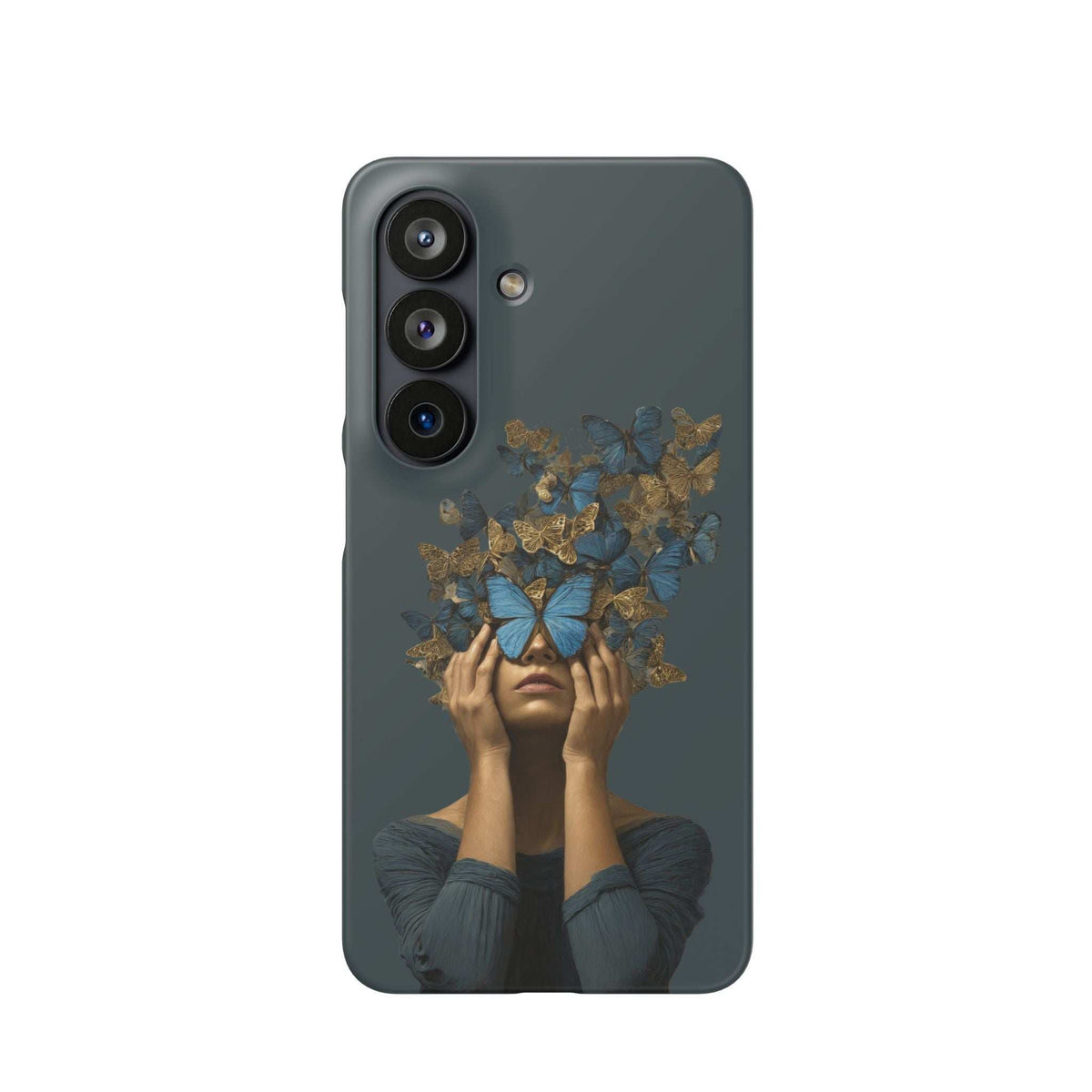 Dark gray phone case with blue butterfly wings and golden collage, camera cutouts