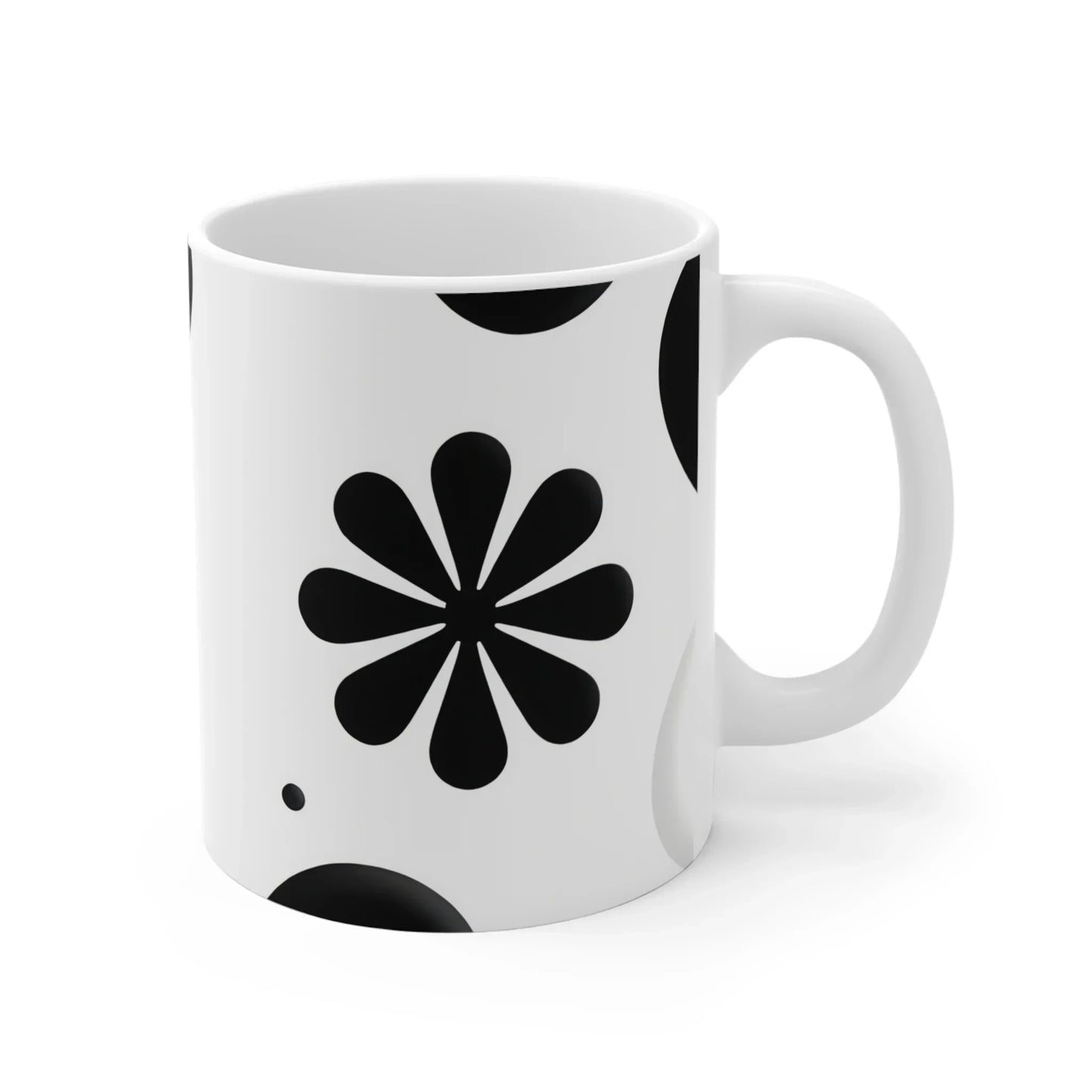 Black Mandala-Inspired Floral Design White Ceramic Mug - KarArmDesign