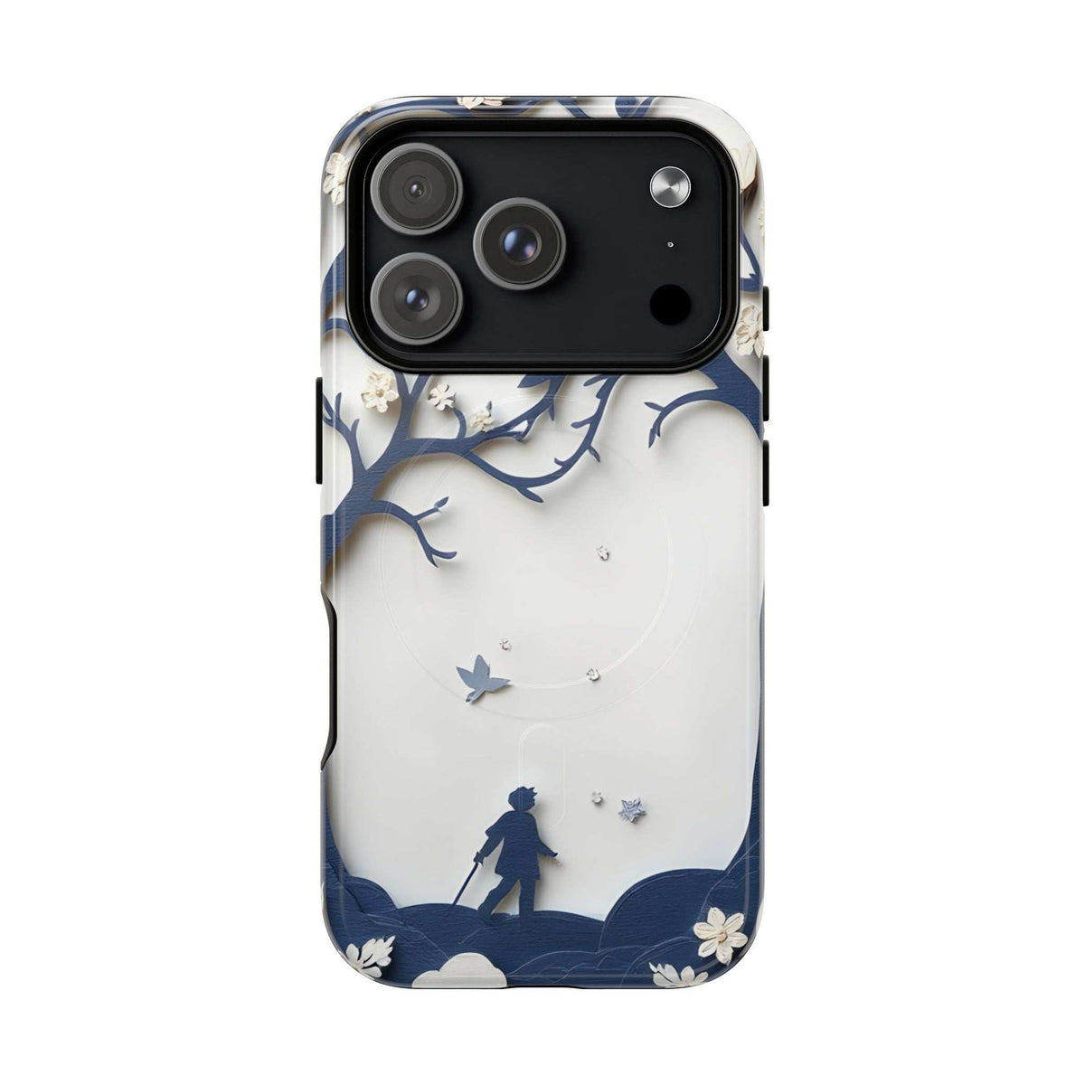 Nature silhouette phone case for iPhone 13-17 with triple-lens camera cutout and blue tree art