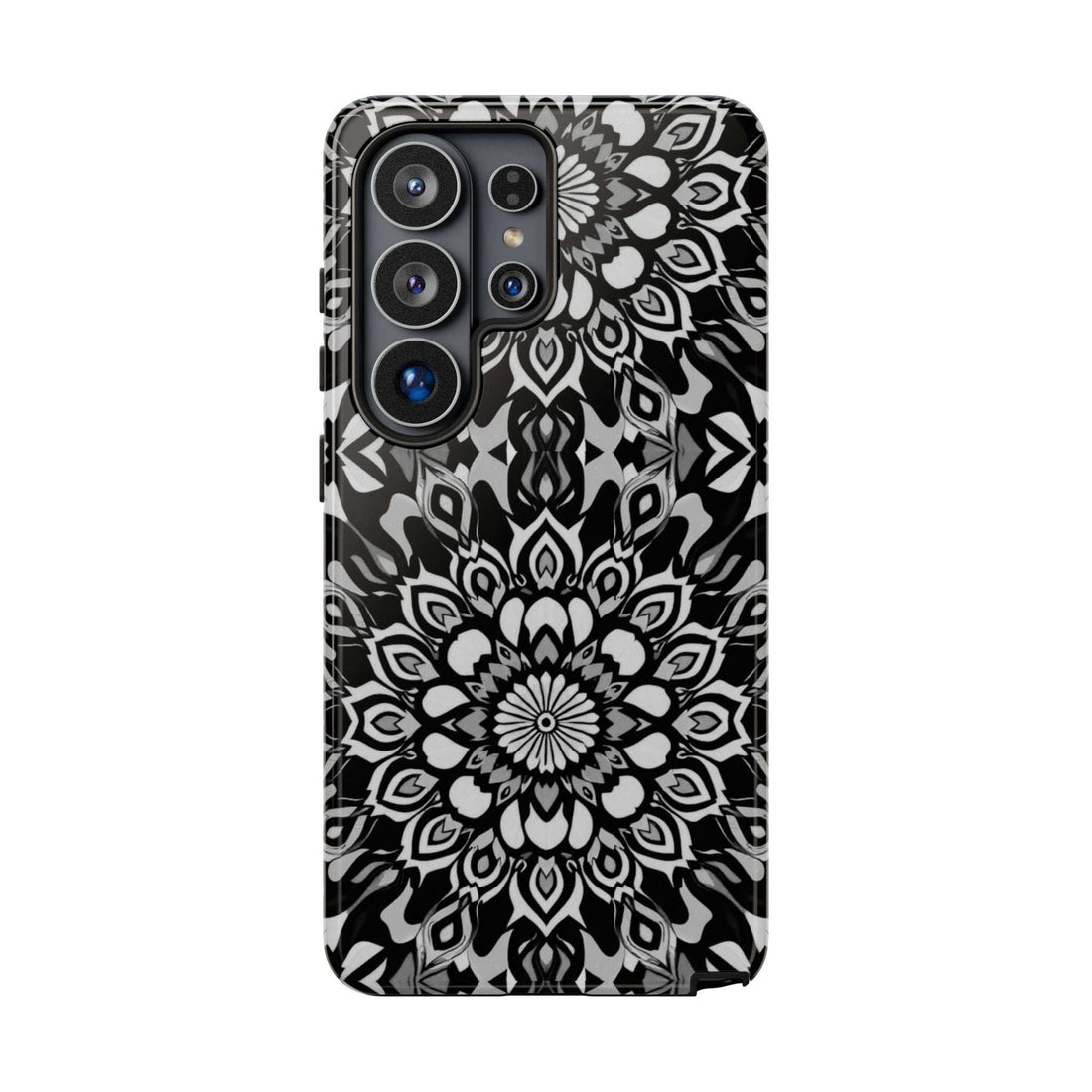 Mandala phone case for iPhone and Galaxy, black-and-white floral pattern with camera cutouts
