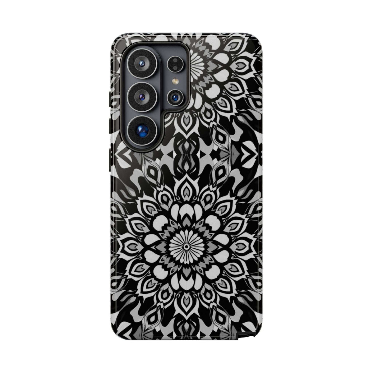 Mandala phone case for iPhone and Galaxy, black-and-white floral pattern with camera cutouts