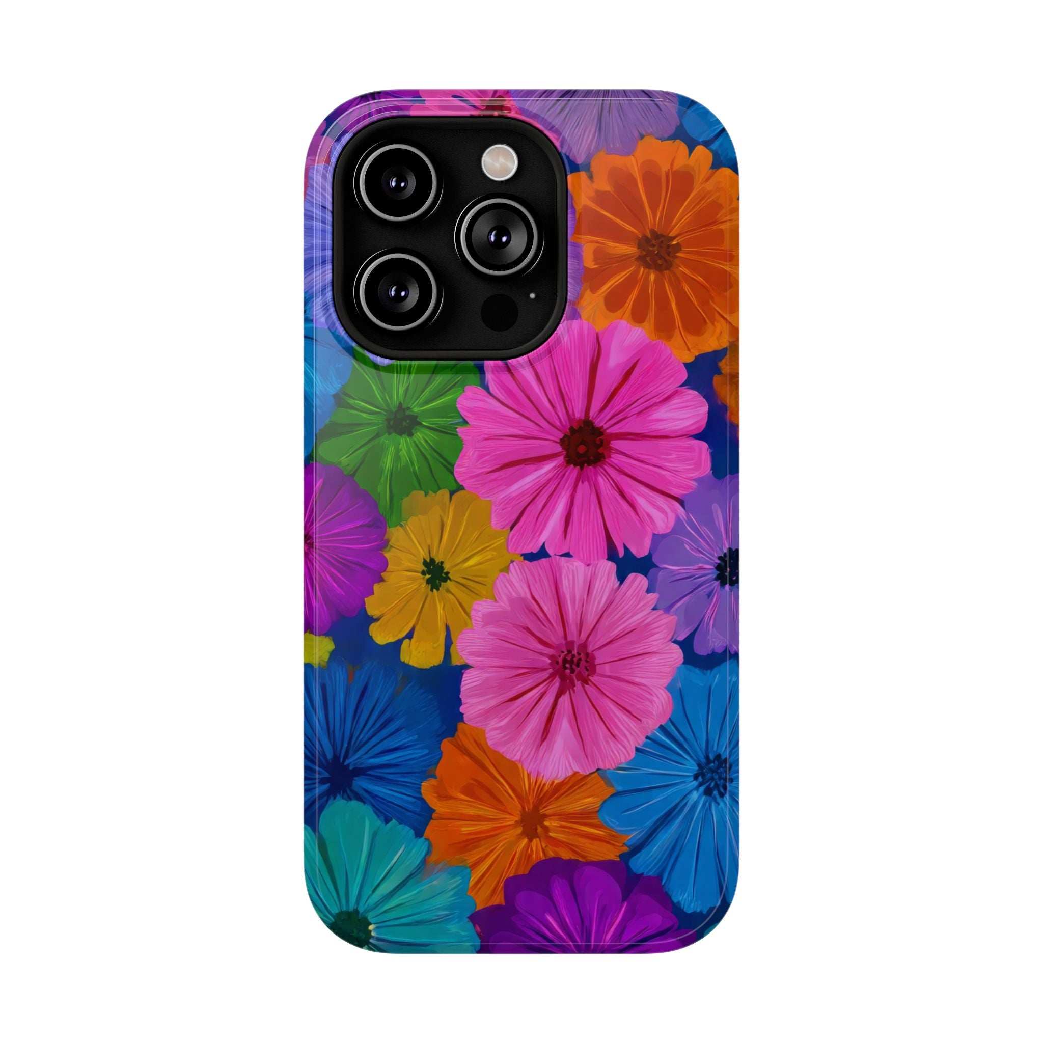 Colorful floral phone case showing raised camera module over vibrant blue and pink flowers