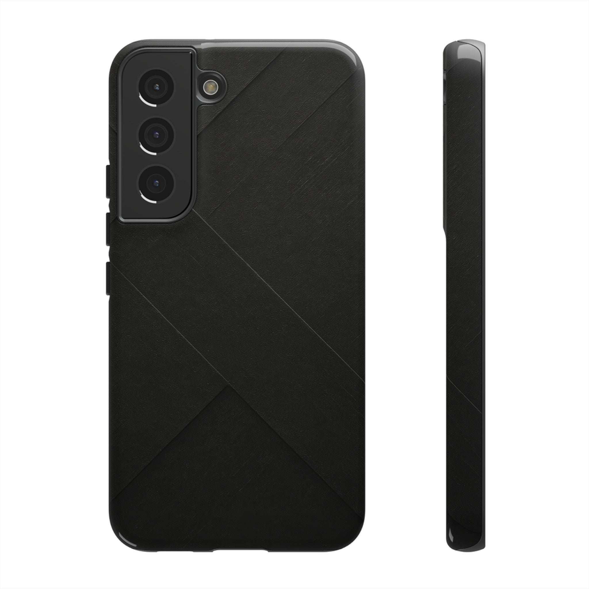 Matte black phone case, back and side view; diagonal geometric lines and button cutouts.