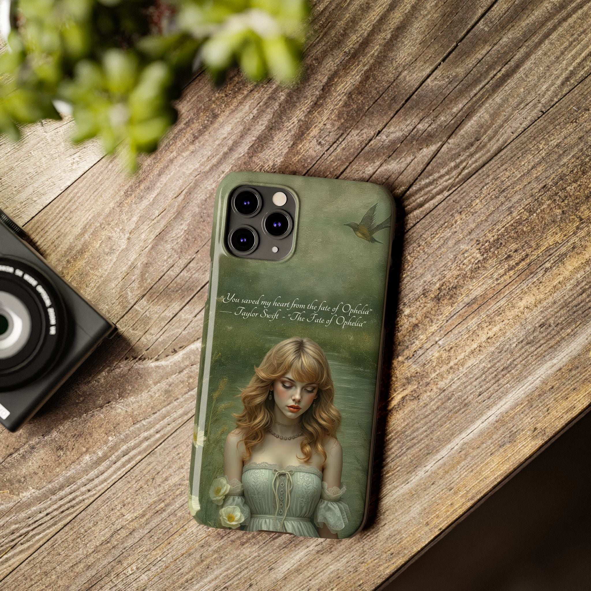 Green phone case with blonde girl artwork, bird, flowers, and camera cutouts.