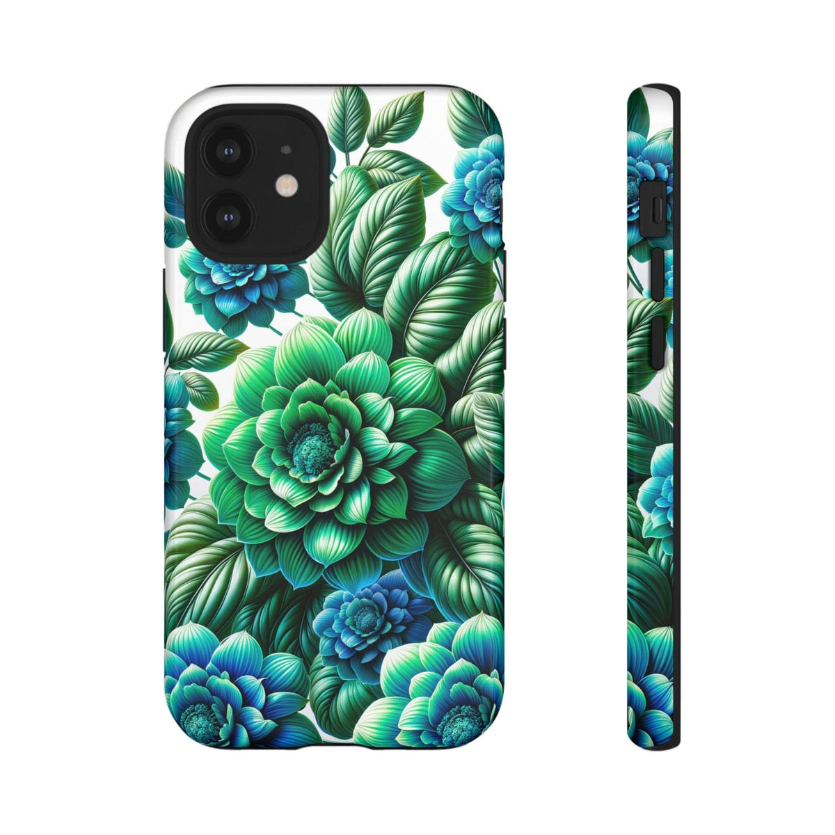 Green and blue floral phone case front with flower details and matching side profile