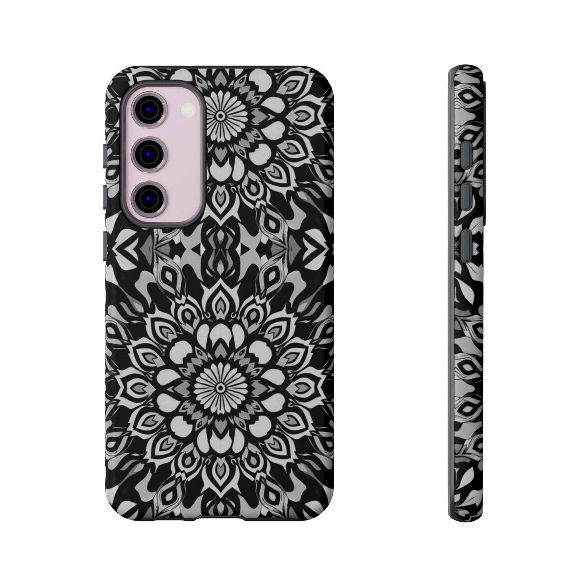 Mandala phone case with black-and-white floral mandala pattern, light pink camera ring