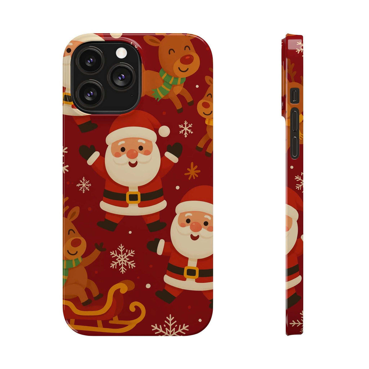 Santa and gingerbread red iPhone case with snowflakes; front and slim side view