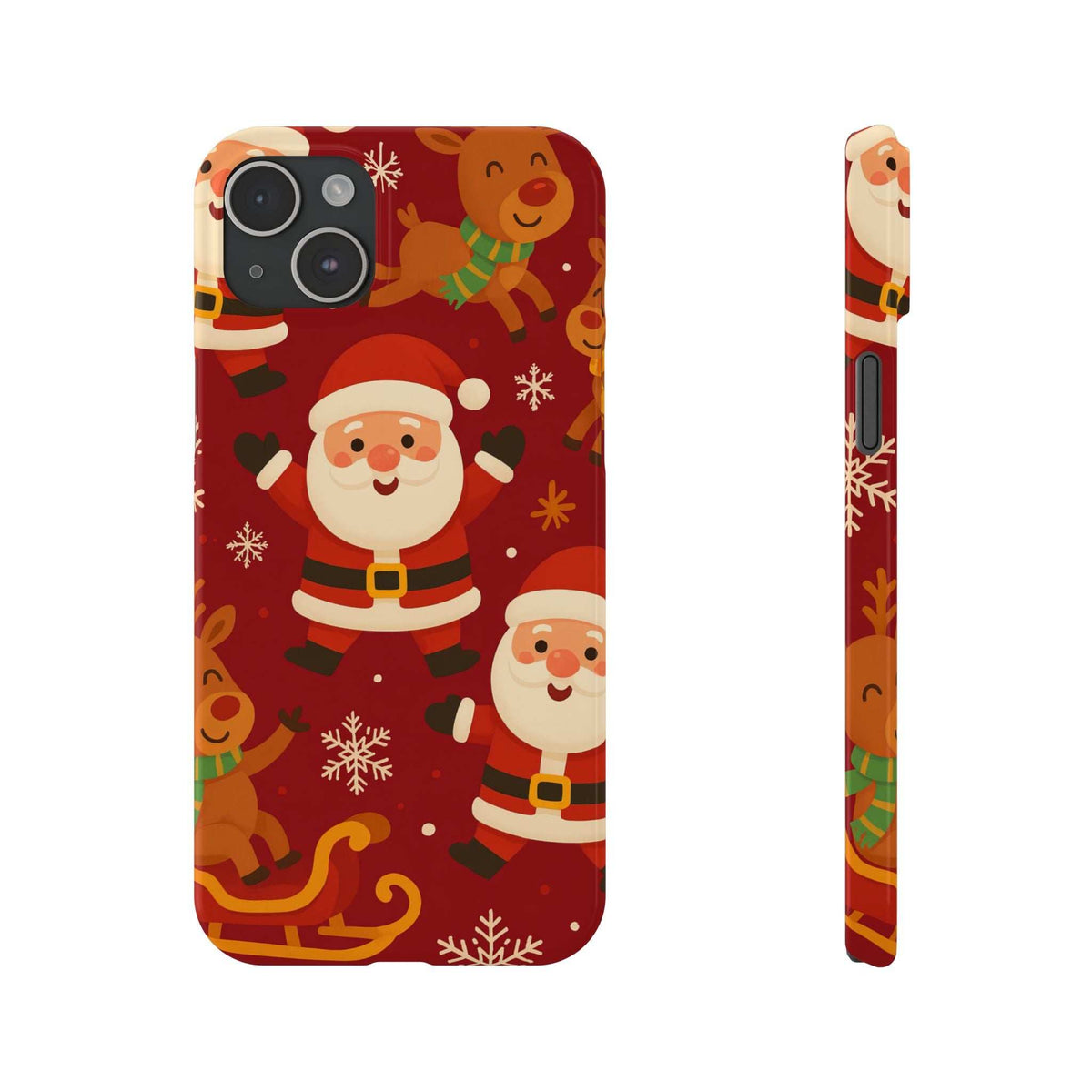 Red Christmas phone case showing Santa and gingerbread characters; side port cutout.