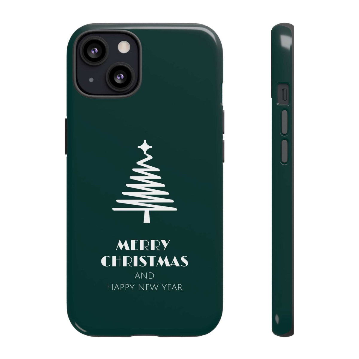 Dark green glossy phone case with Christmas tree graphic and "Merry Christmas"
