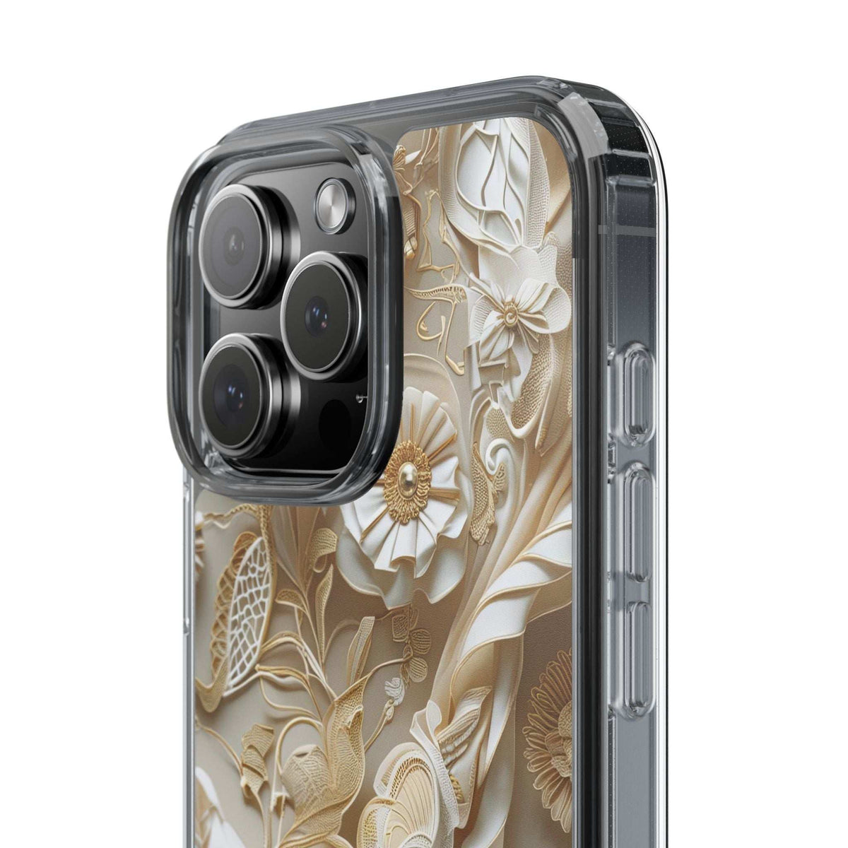 Clear phone case with beige floral design, side button cutouts, and camera protection