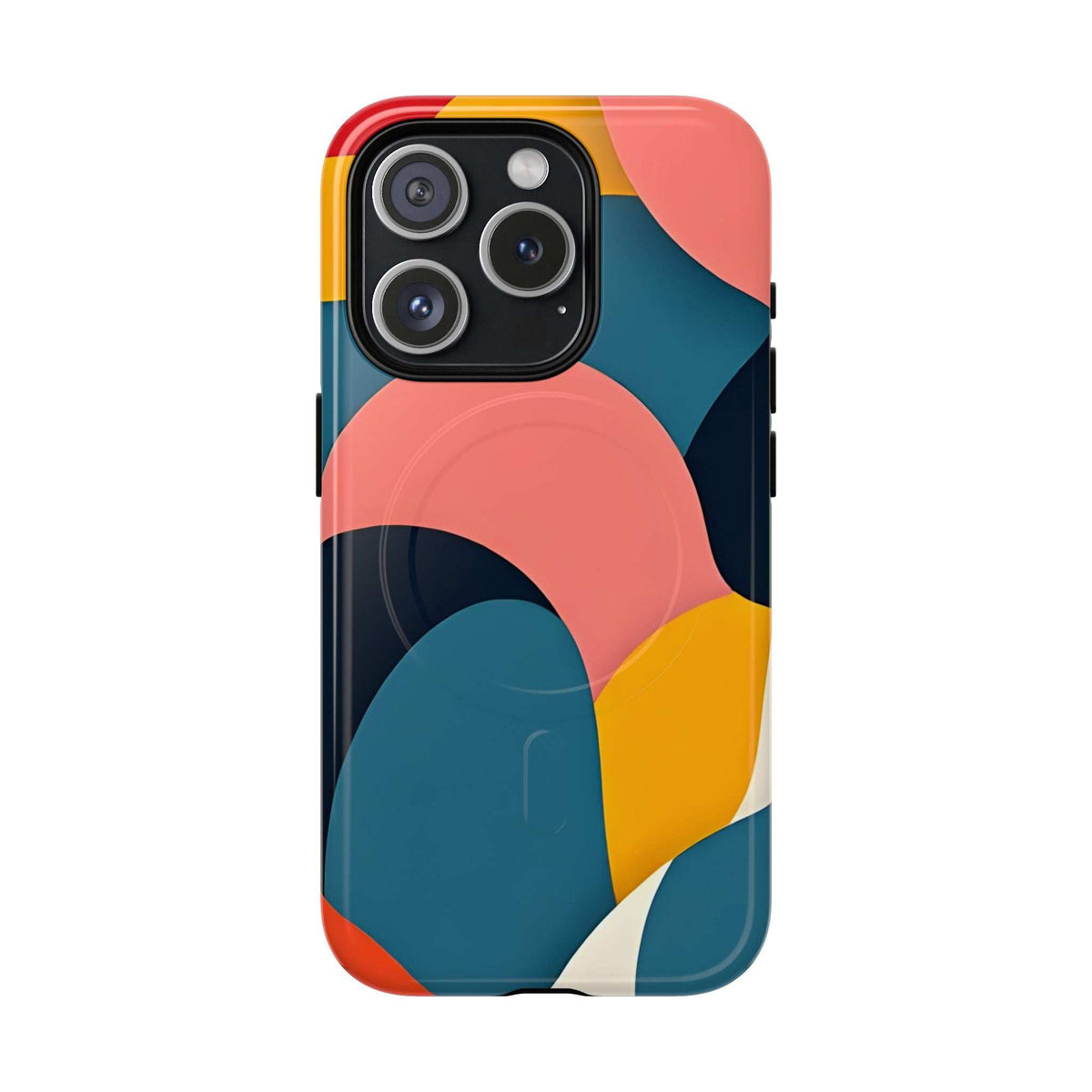 Colorful abstract art phone case showing camera lenses behind cutout window