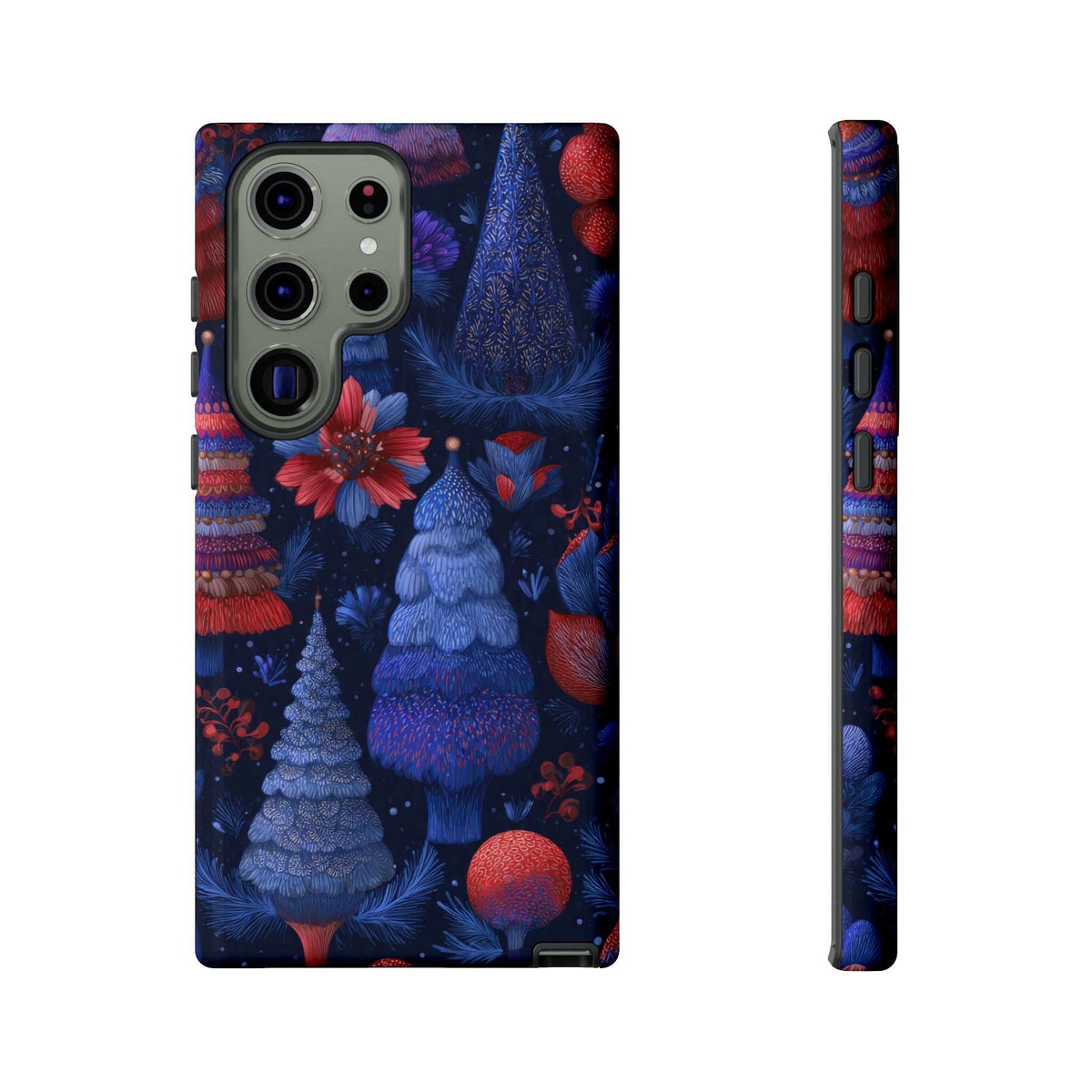 Phone case with dark blue winter forest design and red flowers; camera lenses visible