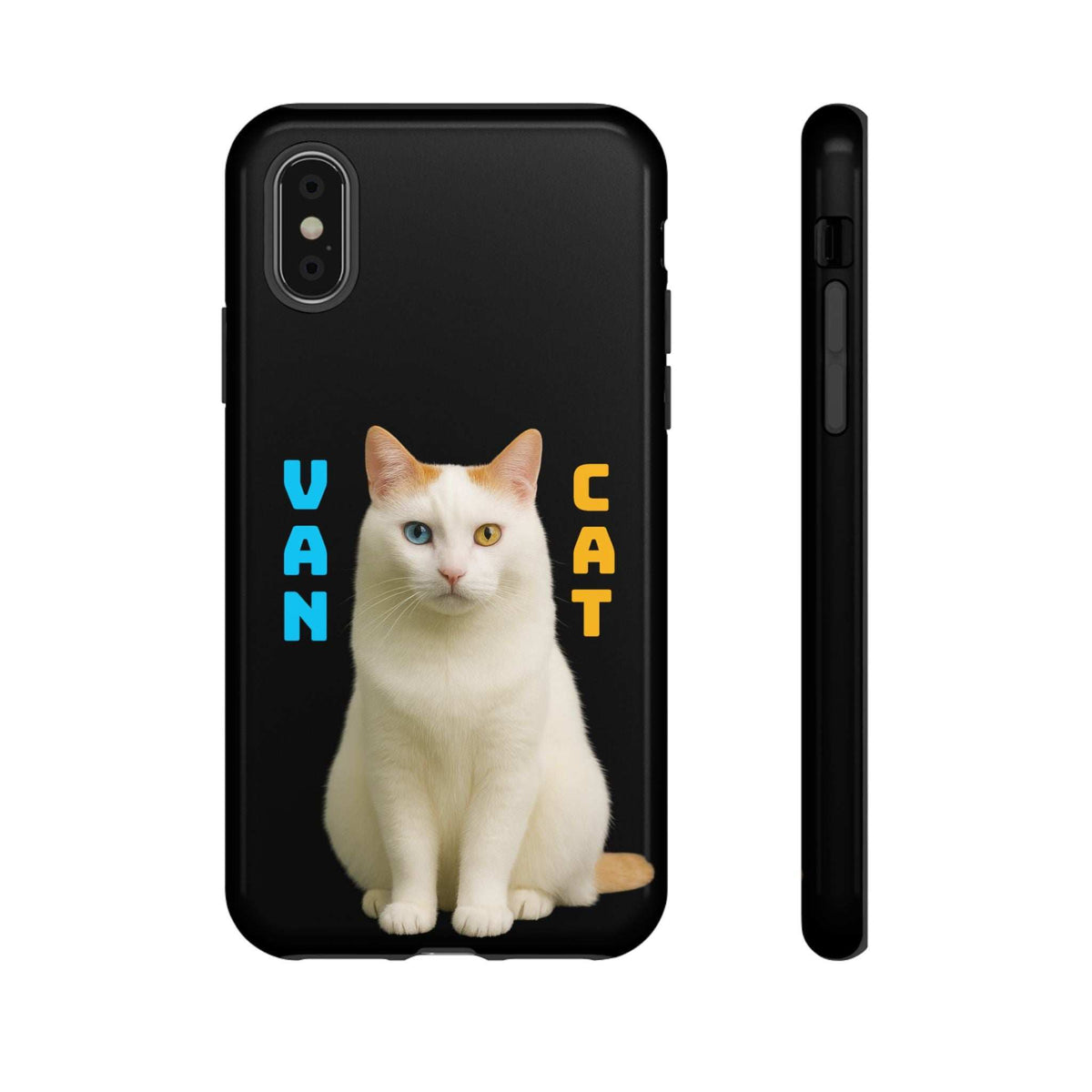 Glossy black phone case with white cat graphic and VAN CAT lettering, side buttons visible