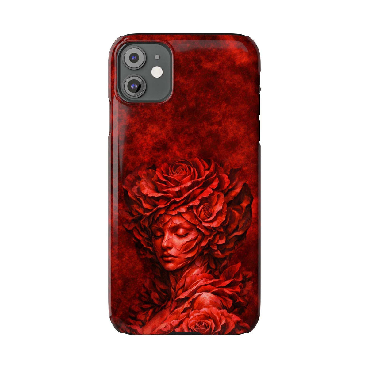 Slim red phone case showing rose and angel-face artwork with camera cutout