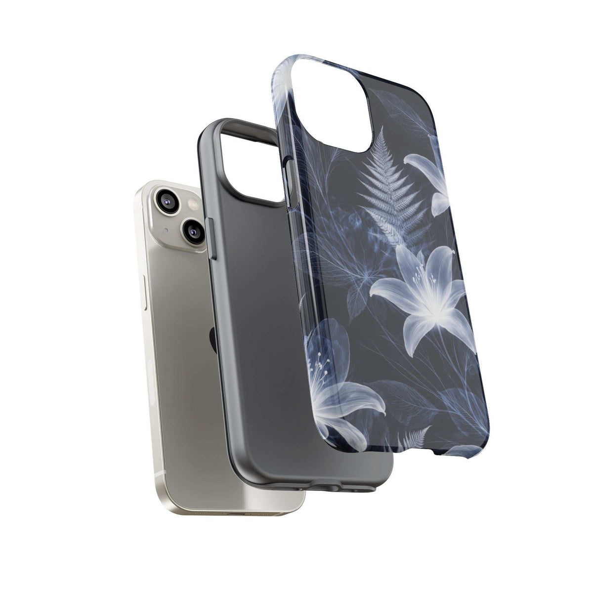 Transparent phone case with blue flower and fern design, cutouts for ports and camera