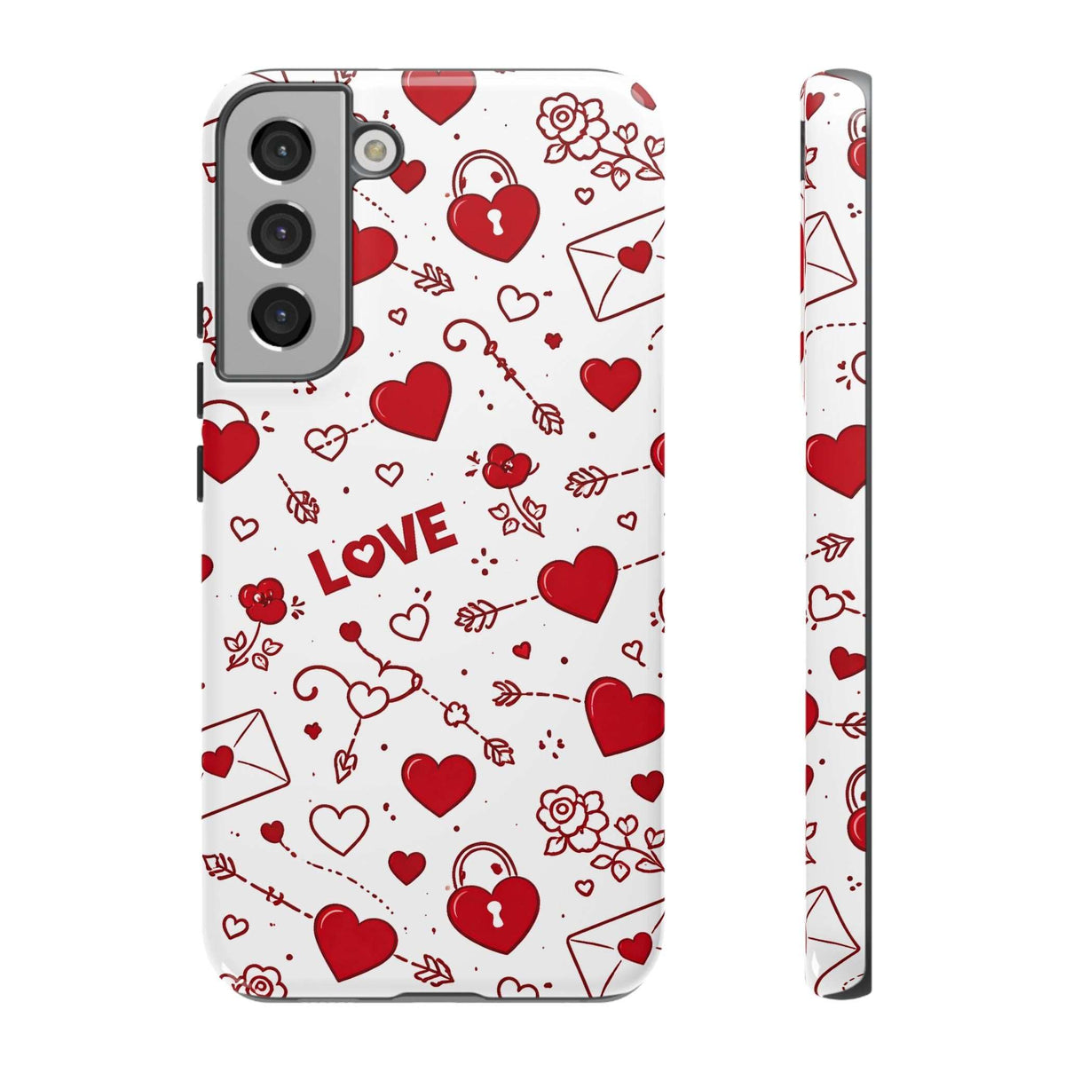 White phone case with red hearts and LOVE text; clear view of rear camera cutout and flash.