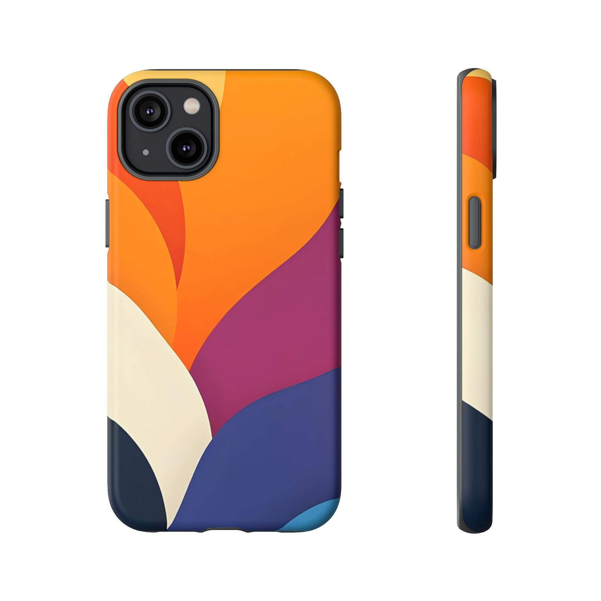 Abstract design phone case showing orange, magenta, cream and navy geometric curves