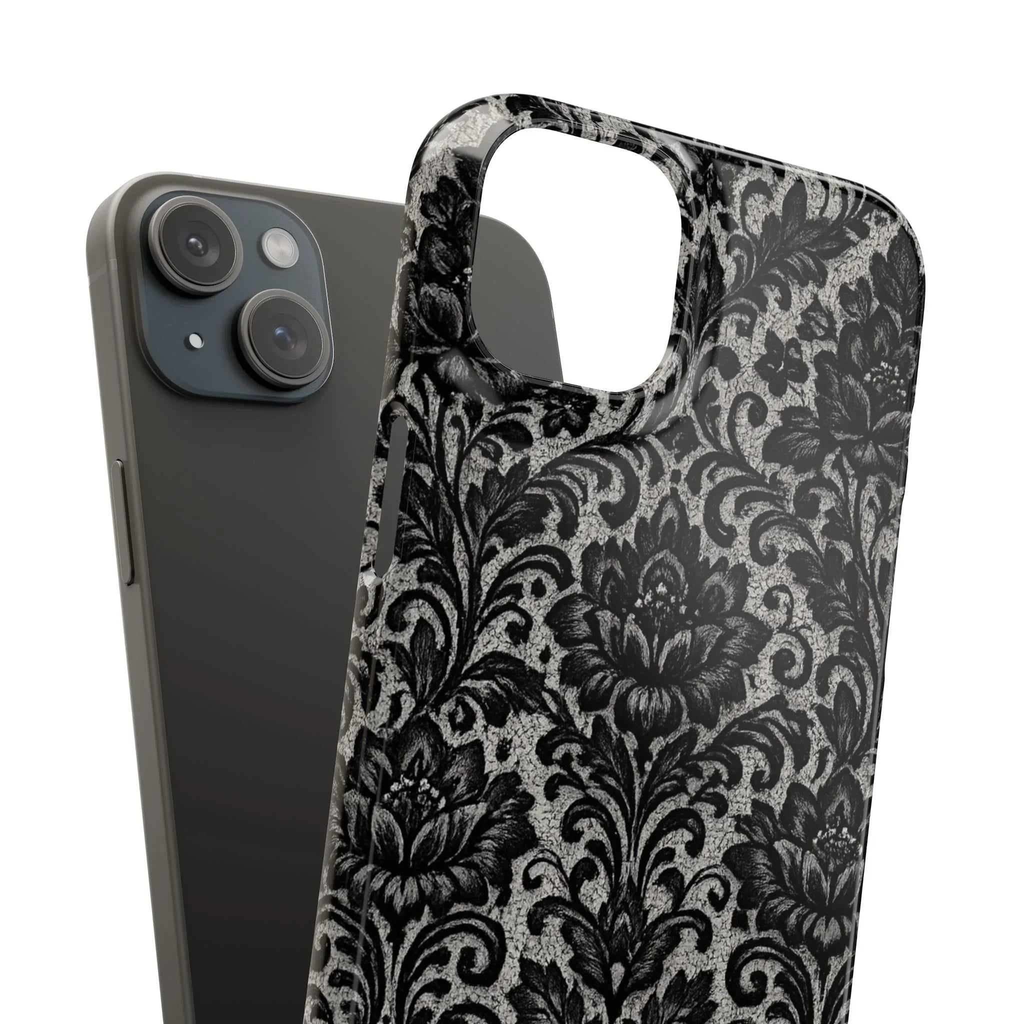 Black Damask Floral Phone Case for iPhone 11-17 and Galaxy S20-S25 - KARARMDESIGN