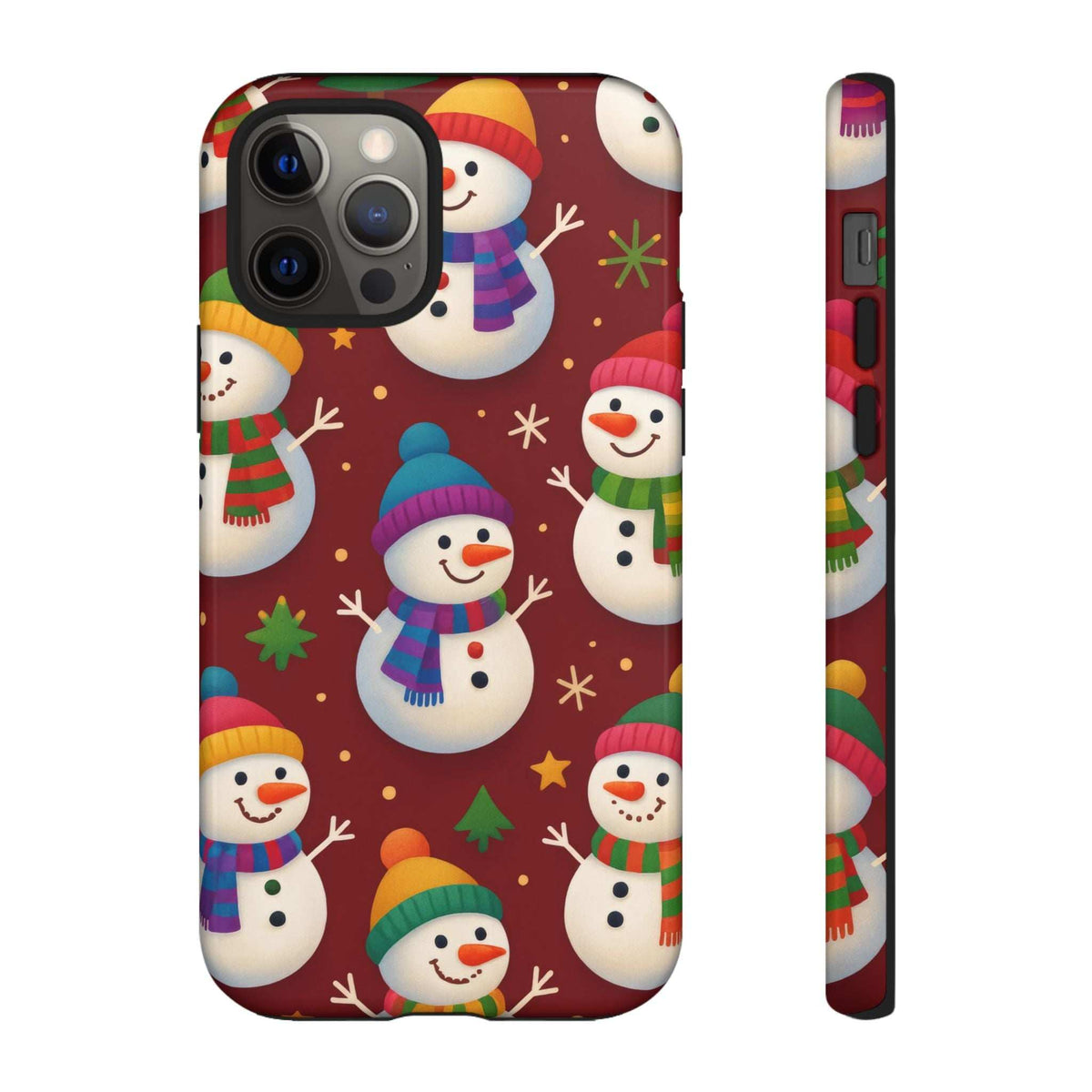 Glossy phone case with festive snowmen pattern and cutouts for camera and flash