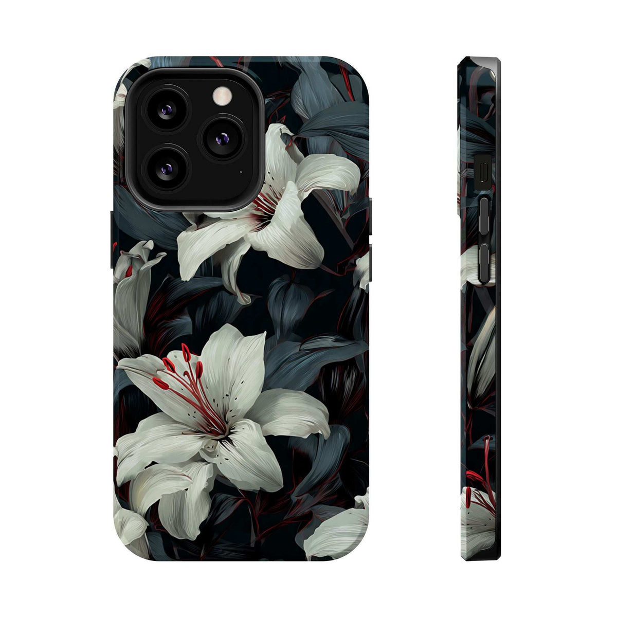 Phone case front view featuring white lily flowers on dark foliage, dual camera cutouts.